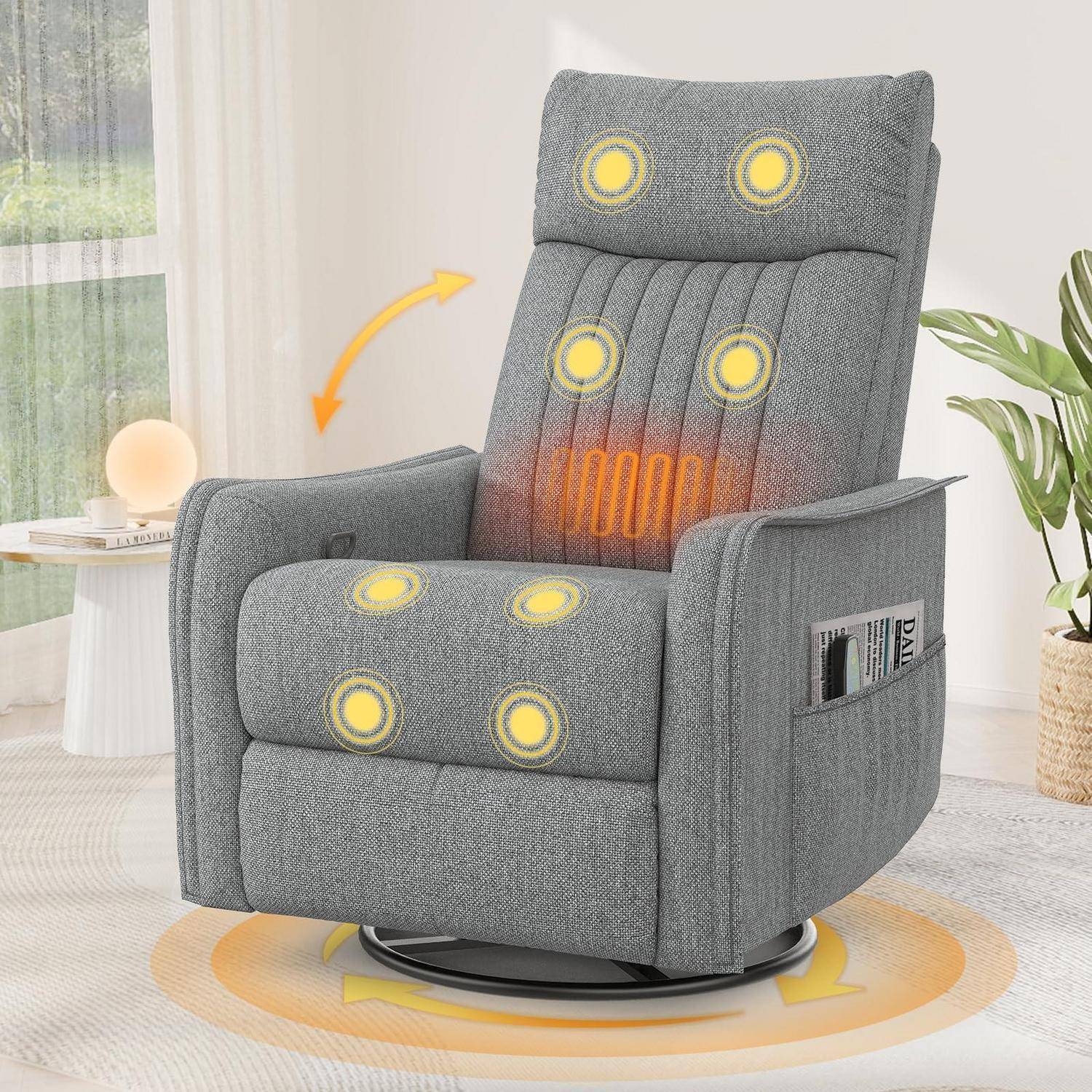 Grauer drehbarer Relaxsessel mit hervorgehobenen Heiz- und Massagezonen, zeigt verstellbare Rückenlehne und 360-Grad-Drehgestell in einem hellen Wohnzimmer.