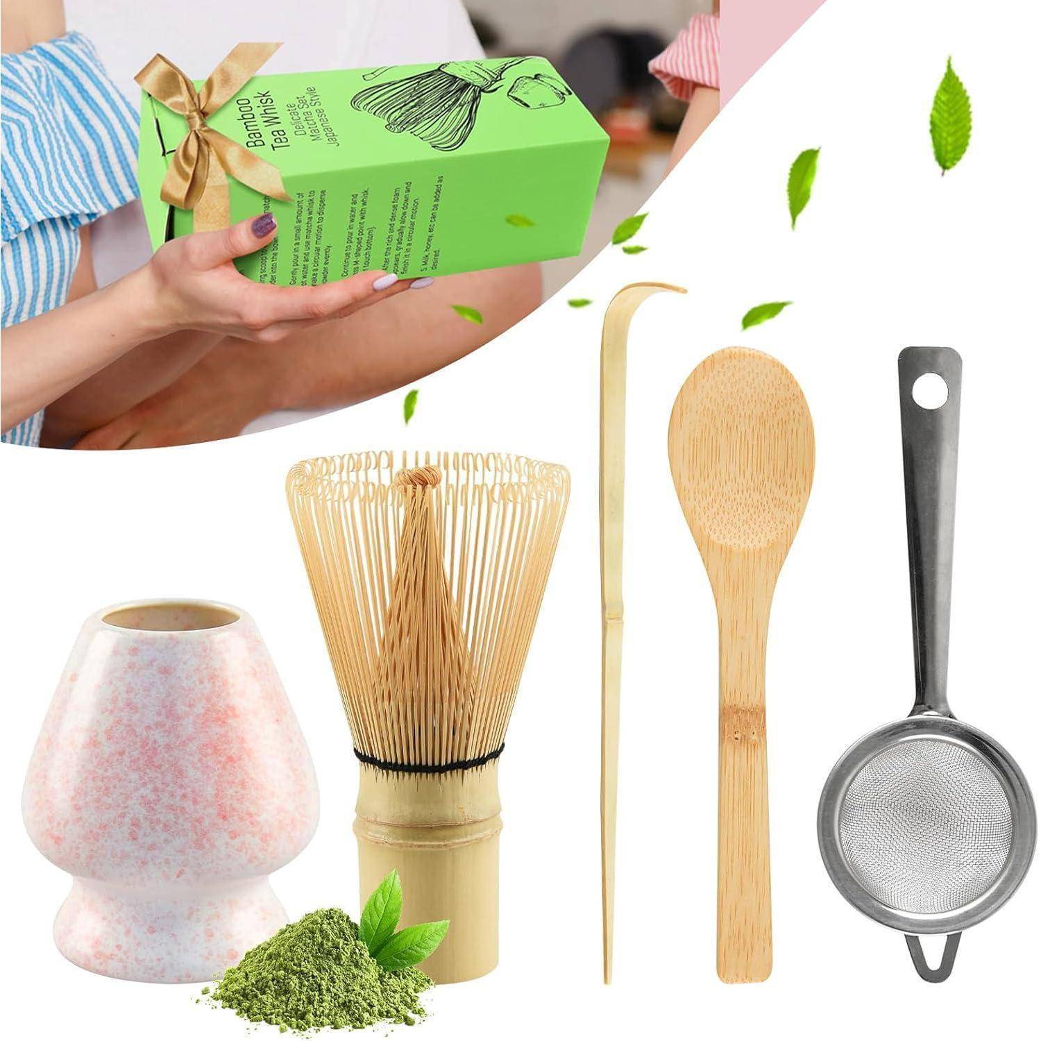 5-Teiliges Matcha Set,Matcha Besen,Matcha Tee Set Einschließlich des Matcha Whisk,Matcha Sieb,Matcha Besen Halter,2 Matcha Löffel aus Bambus,Bestes