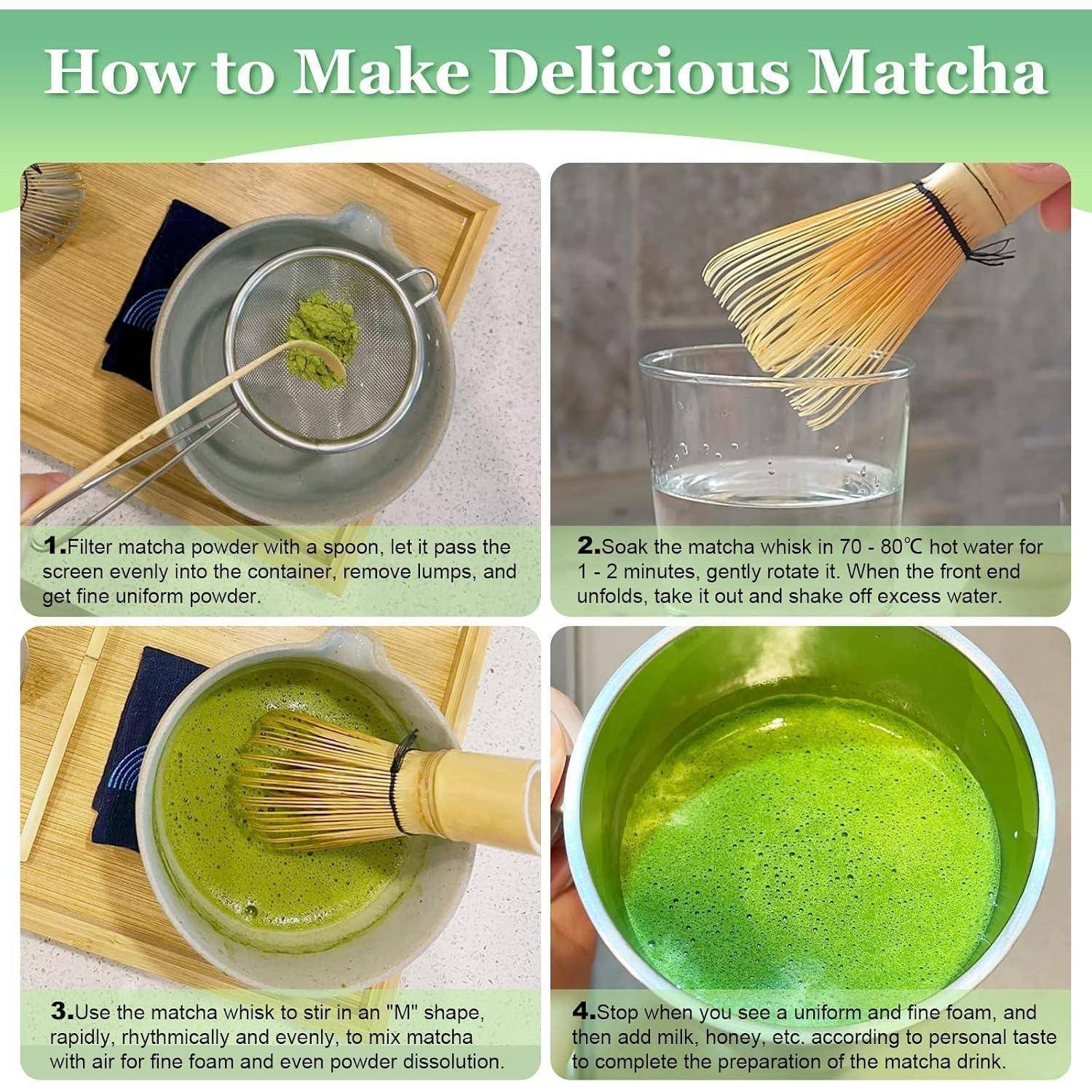 5-Teiliges Matcha Set,Matcha Besen,Matcha Tee Set Einschließlich des Matcha Whisk,Matcha Sieb,Matcha Besen Halter,2 Matcha Löffel aus Bambus,Bestes