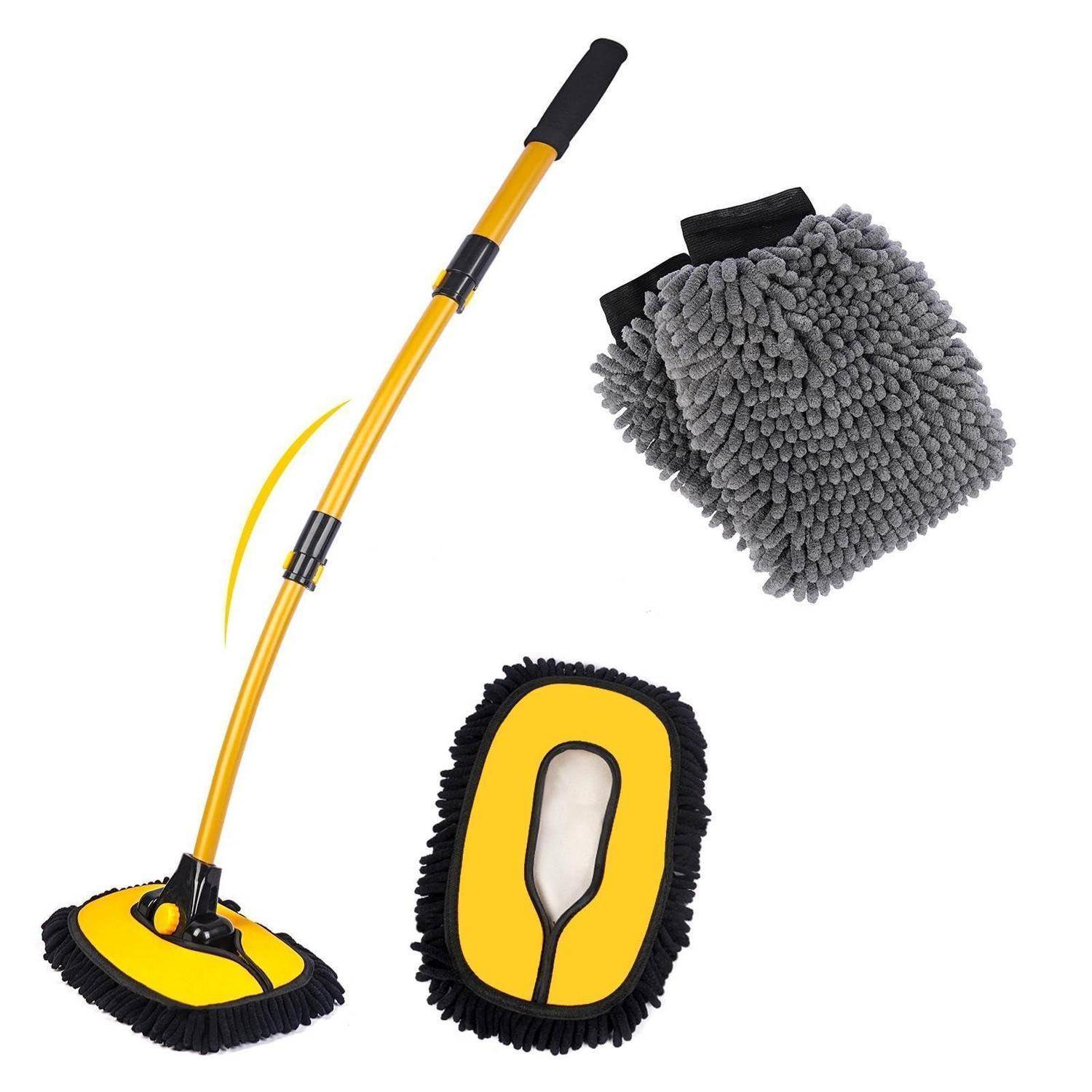 Gelber Mikrofaser-Mopp mit verstellbarem Griff, plus zwei abnehmbare Reinigungspads: ein graues Chenille-Pad und ein gelbes Schwamm-Pad.