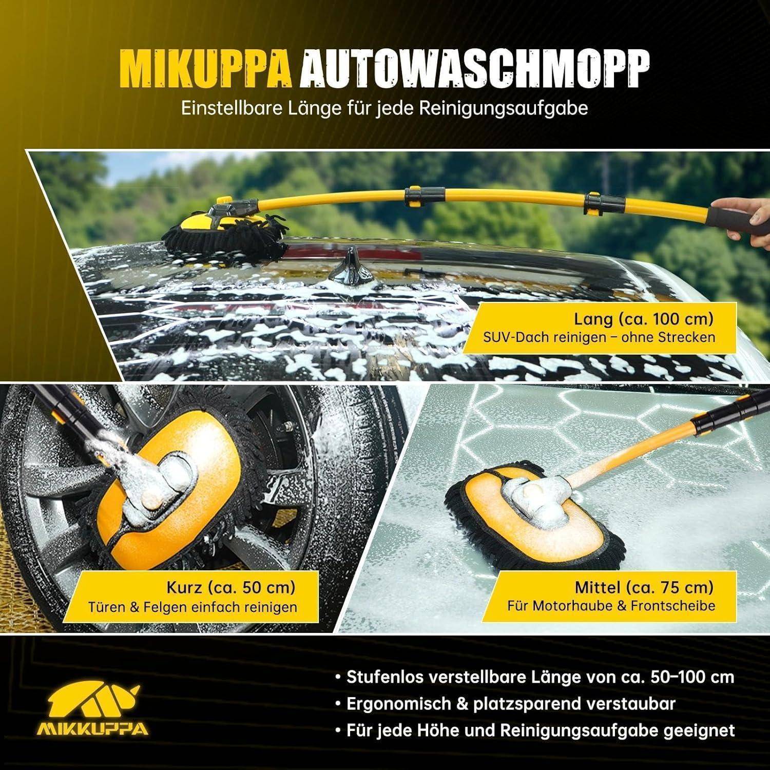 Mikuppa AUTOWASCHMOPP verstellbarer Autowaschmop in drei Längen erhältlich: lang 100 cm für SUV-Dächer, kurz 50 cm für Türen und Felgen, mittel 75 cm für Motorhaube und Windschutzscheibe.