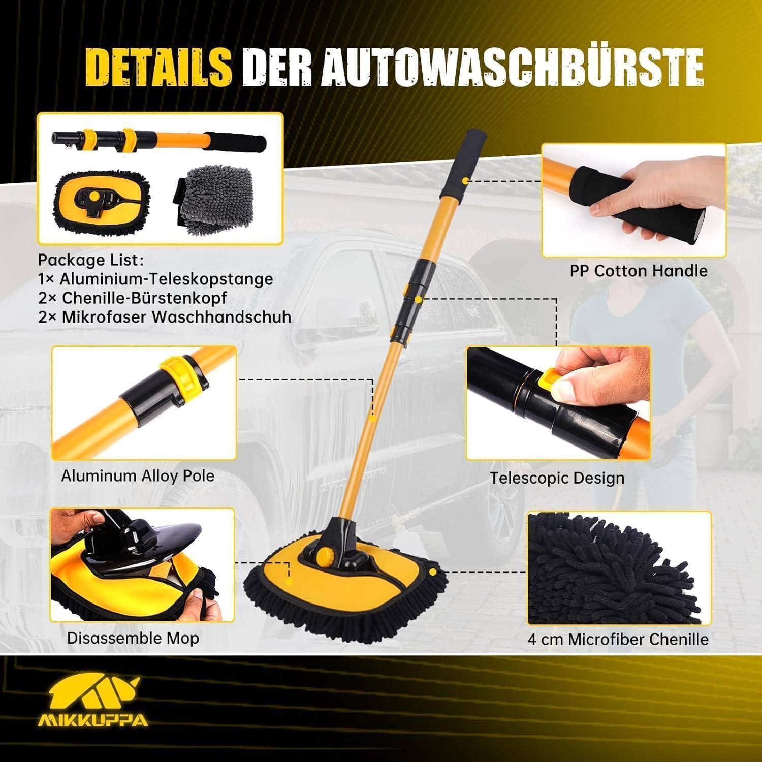MIKKUPPA Waschbürste Auto 15° Bogen mit Teleskopstiel – Mikrofaser Autowaschmopp, Kratzerfreie Reinigungsbürste für Auto, SUV, LKW, Wohnmobil, m
