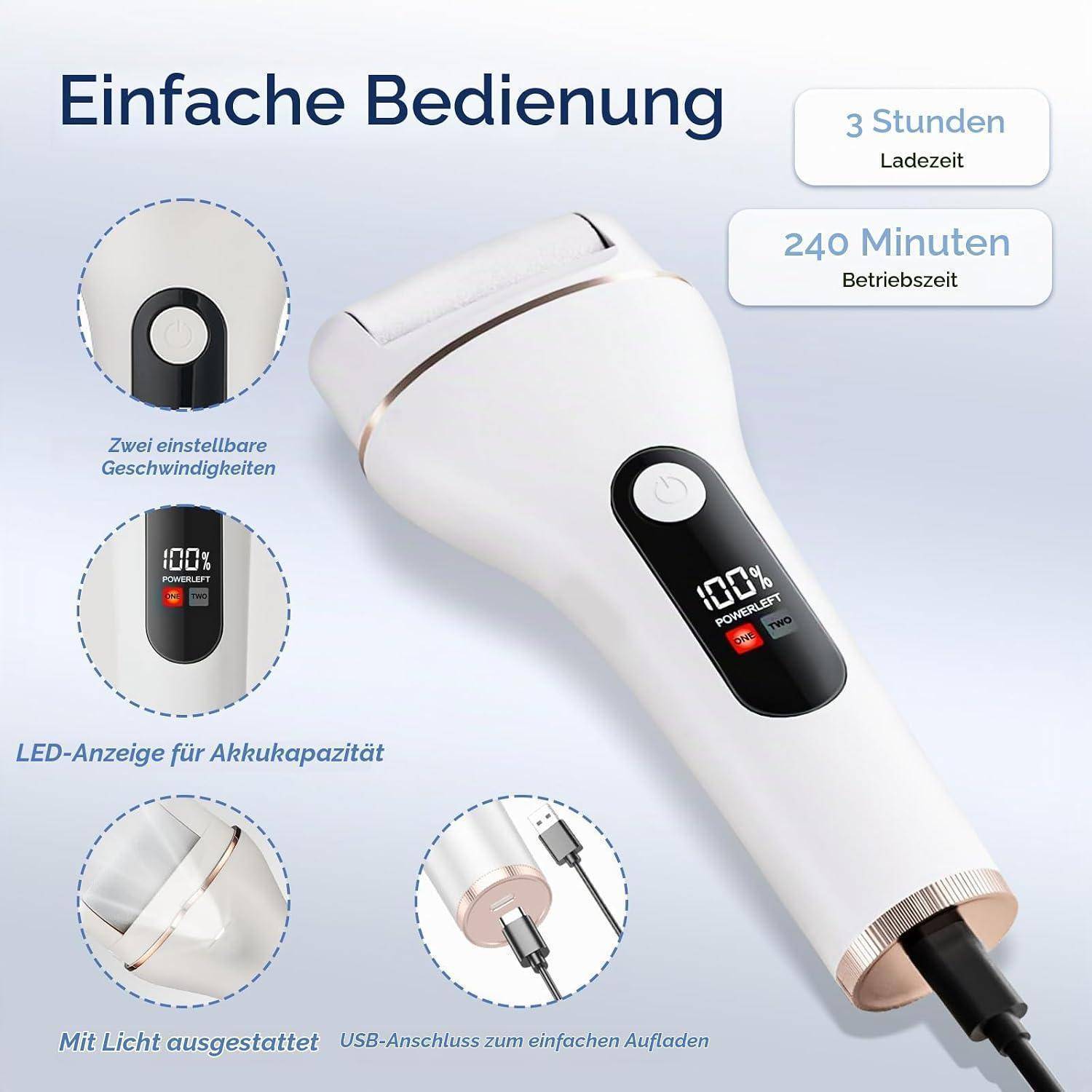Produktbild eines weißen kabellosen tragbaren Geräts mit Display und USB-Ladung, beschriftet mit „Einfache Bedienung