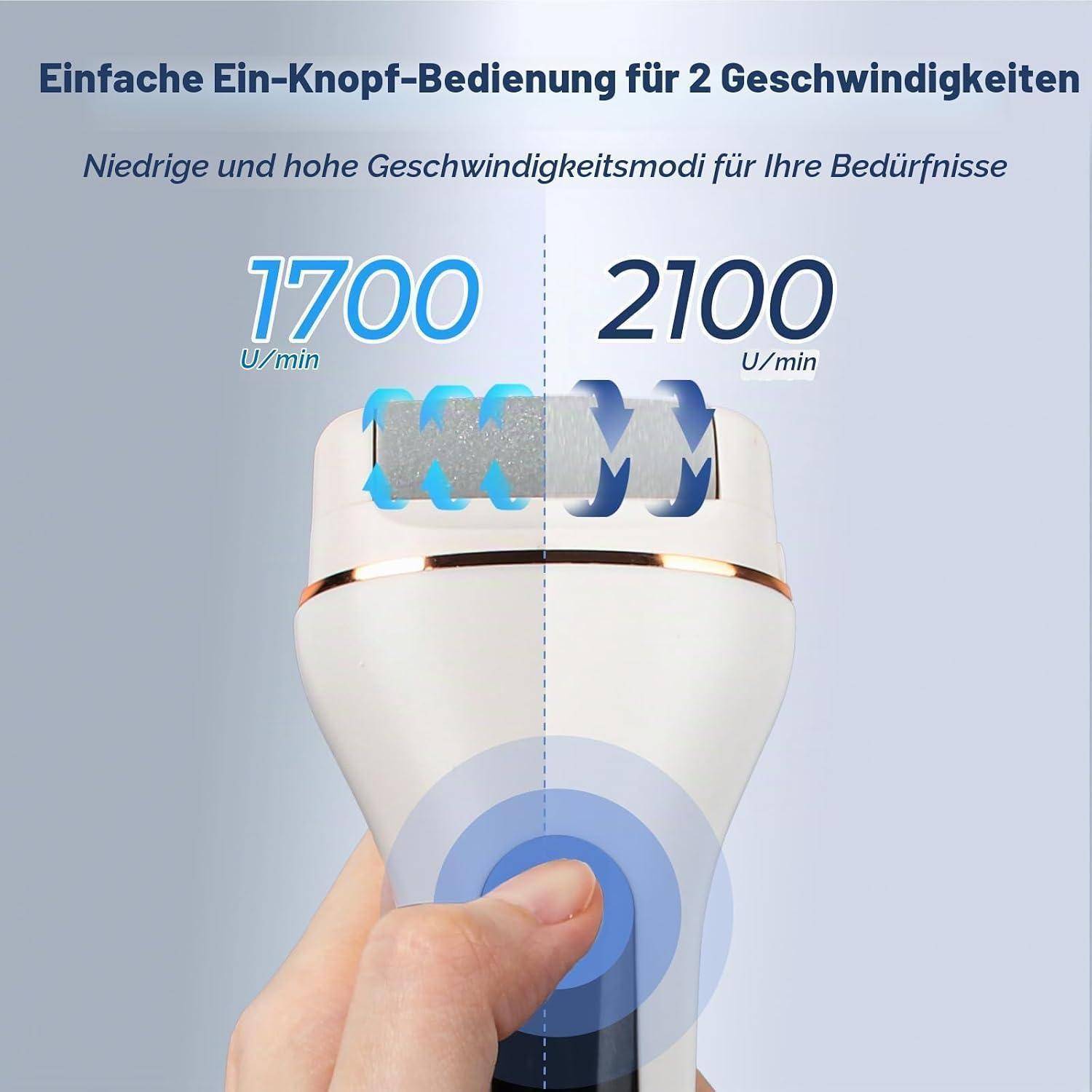 Darstellung eines tragbaren Geräts mit Einknopf-Bedienung und zwei Geschwindigkeitsstufen: 1700 und 2100 U/min, dargestellt mit einem Finger, der auf die Schaltfläche drückt.