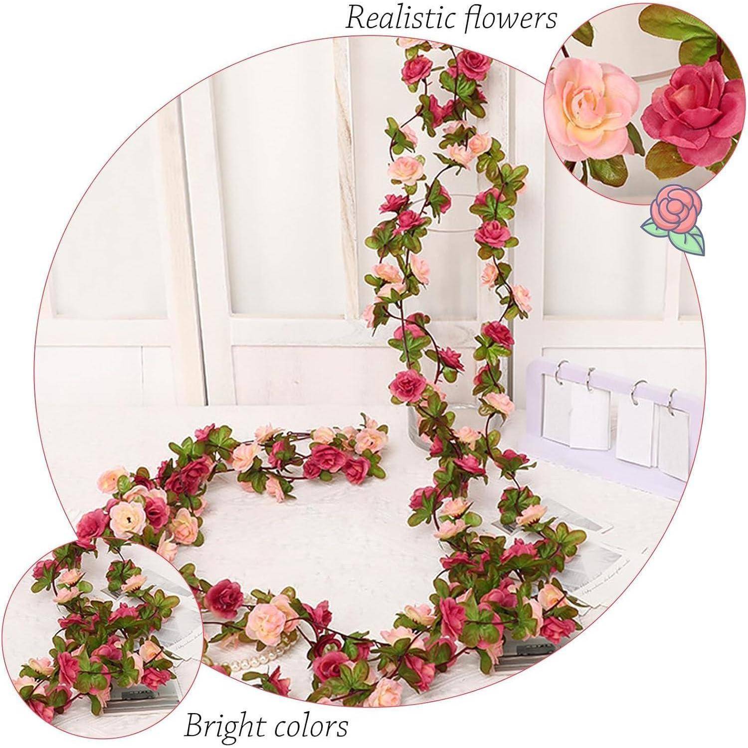 Rosa und weiße künstliche Blumengirlanden drapieren und winden sich in einem hellen Studio, mit vergrößerten Detailansichten, die realistische Blüten und leuchtende Farben zeigen.
