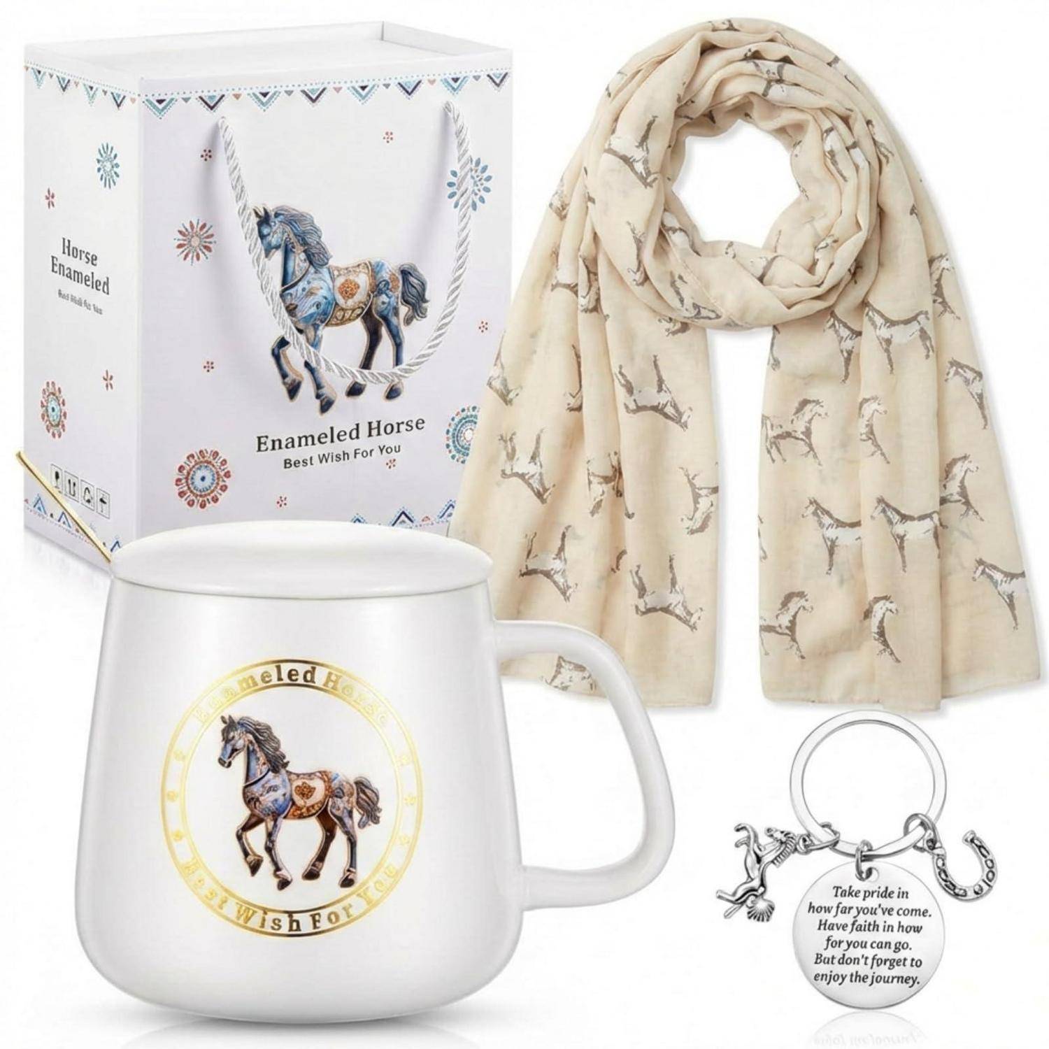 Geschenkset mit pferdedekorierter Tasse, passendem Schal, Schlüsselanhänger und dekorativer Schachtel mit der Bezeichnung „Emailliertes Pferd