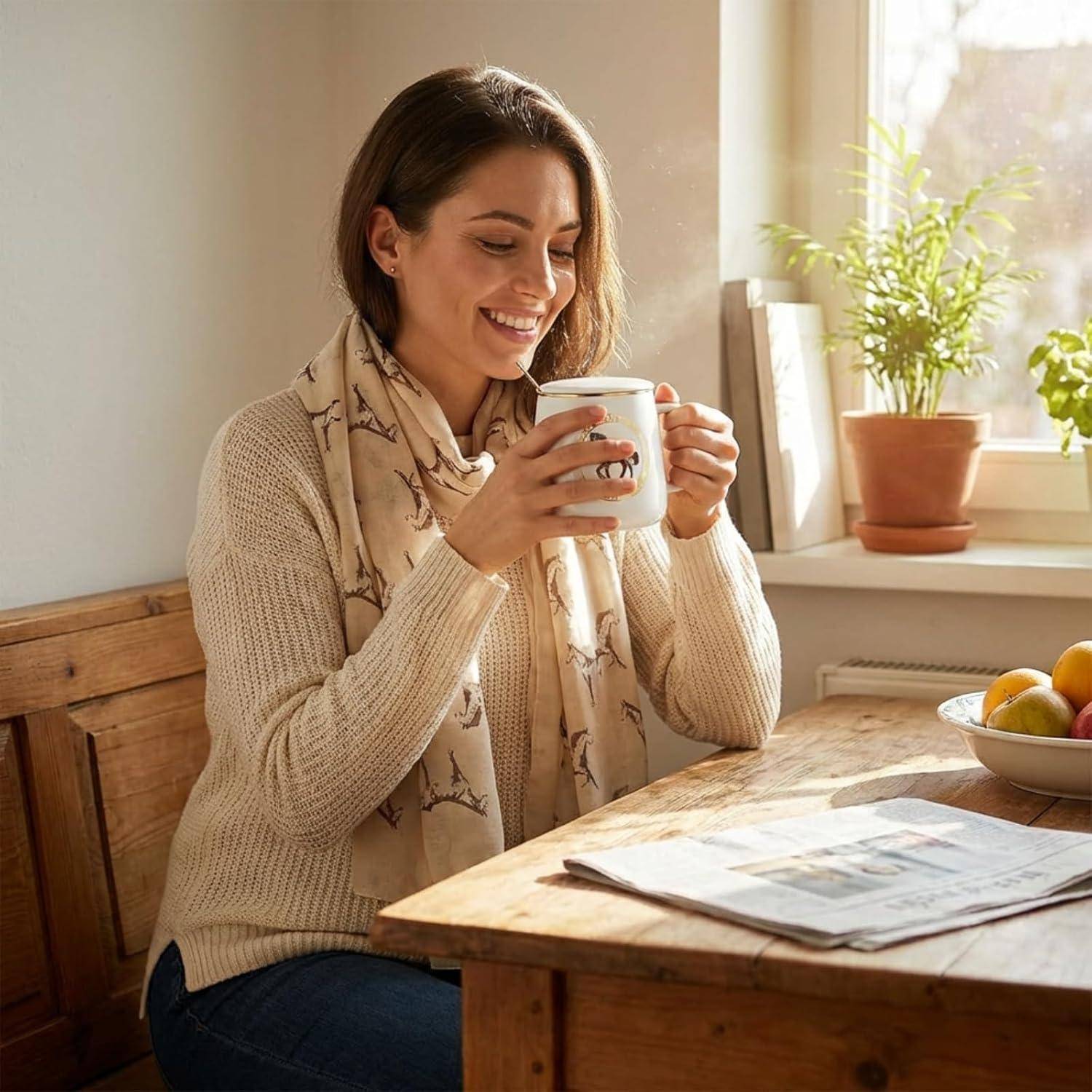 Frau, die an einem Küchentisch neben einer Zeitung lächelt und aus einer Tasse trinkt, mit Sonnenlicht, einer Pflanze und Obst im Hintergrund.