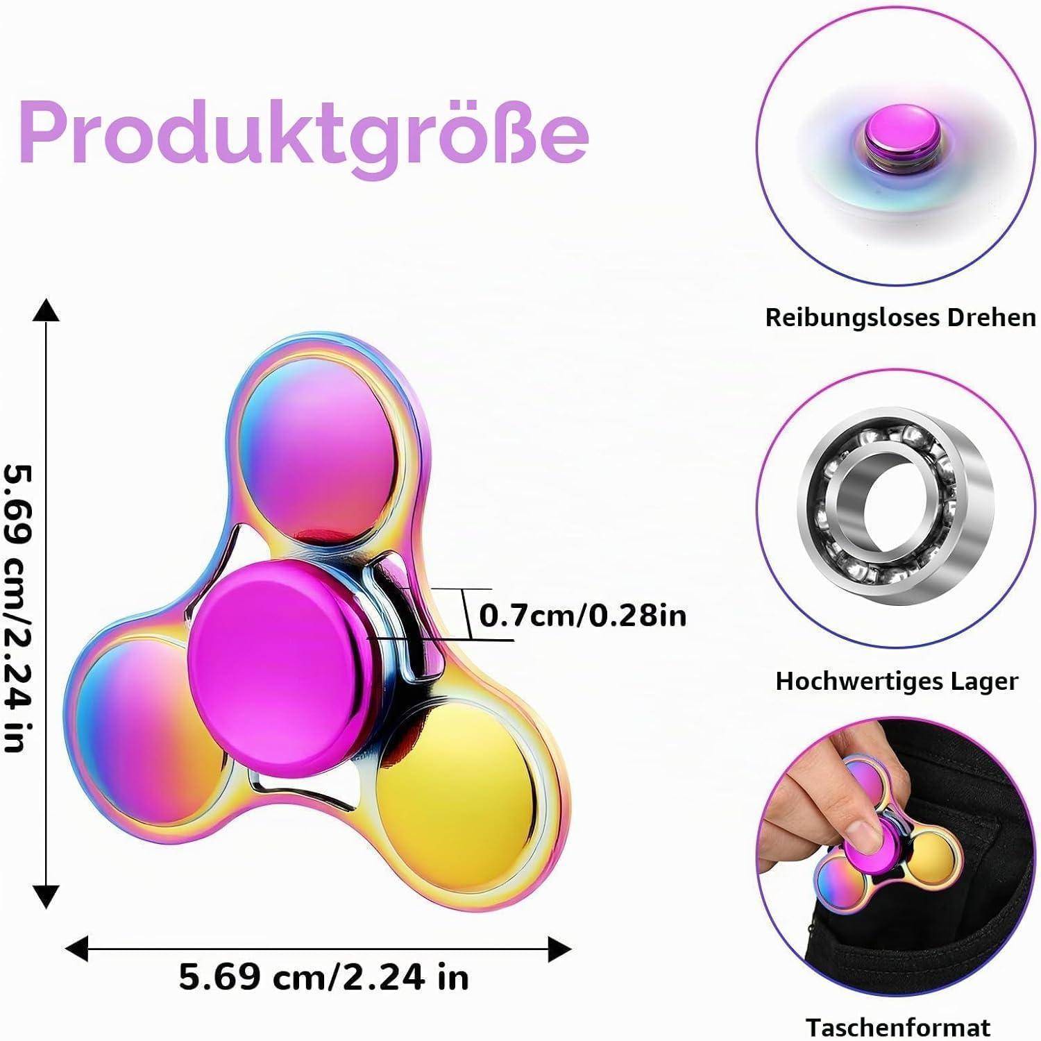 Größeninfografik für einen dreilappigen Fidget Spinner: Abmessungen 5,69 cm/2,24 Zoll breit und hoch, 0,7 cm/0,28 Zoll dick, mit sanfter Rotation, hochwertiges Kugellager und Taschengröße.