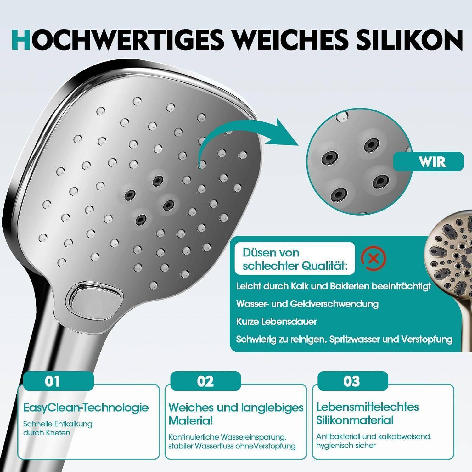 Duschkopf Hochdruck mit 3 Strahlarten(Massage/Regen/Mix) – 120cm Duschplatte – Handbrause mit Ein-Klick-Umschaltung – Wassersparend & Leistungss