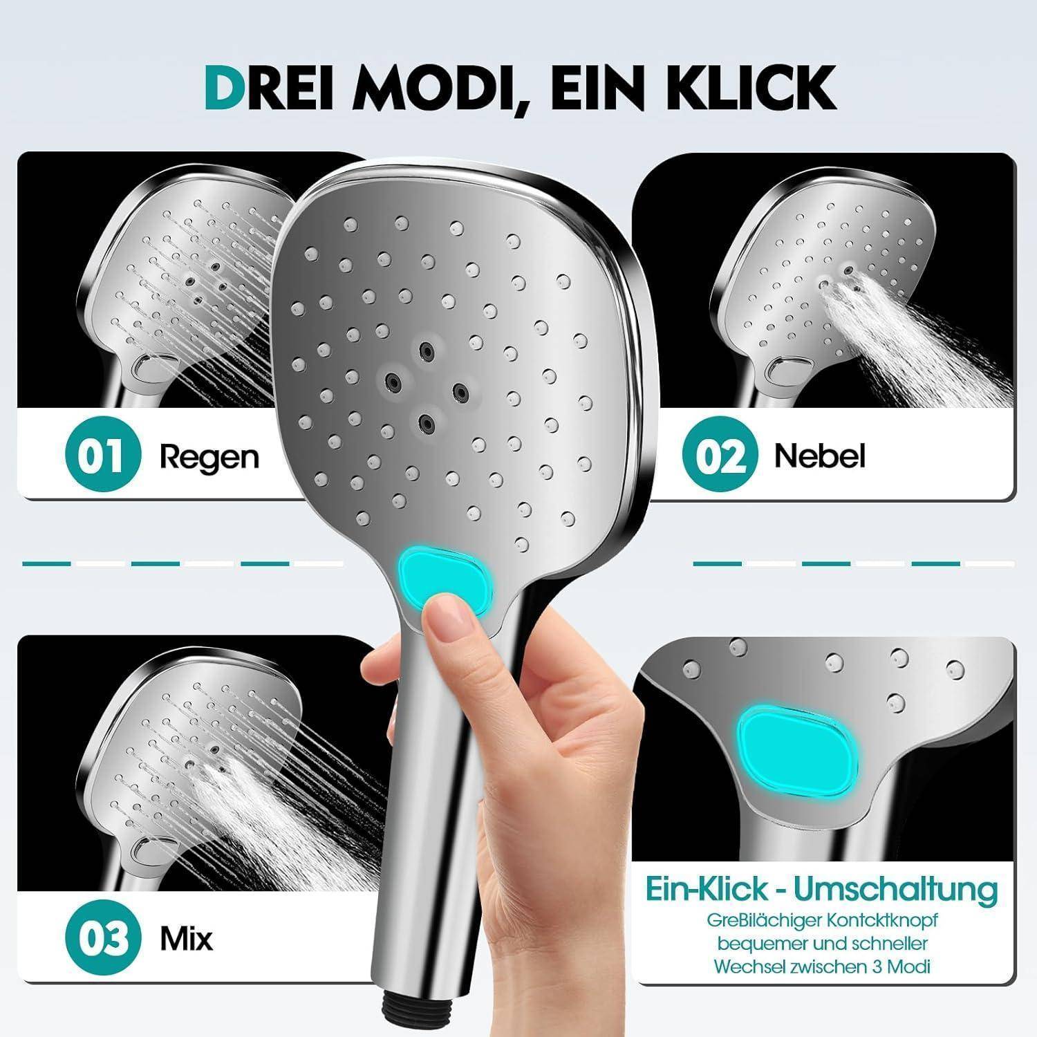 Duschkopf Hochdruck mit 3 Strahlarten(Massage/Regen/Mix) – 120cm Duschplatte – Handbrause mit Ein-Klick-Umschaltung – Wassersparend & Leistungss