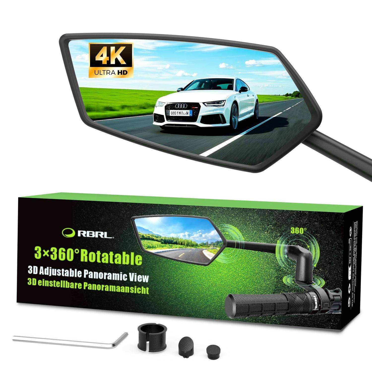 Produktbild eines RBRL-Motorradspiegels mit einem 4K Ultra HD-Display, das ein Auto auf einer Straße zeigt, sowie eine Verpackung, die eine 3x360°-drehbare 3D-verstellbare Panoramapanansicht und enthaltene Montageteile bewirbt.