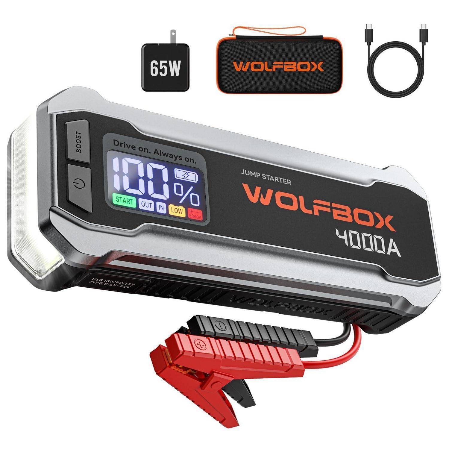WOLFBOX 4000A Starthilfegerät mit Display, Starthilfeklemmen, 65W-Ladegerät, Transporttasche und USB-C-Kabel als Produktset dargestellt.