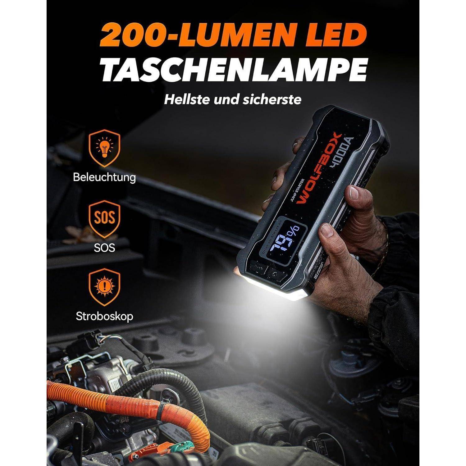 Anzeige für eine 200-Lumen-LED-Taschenlampe mit den Modi „Beleuchtung