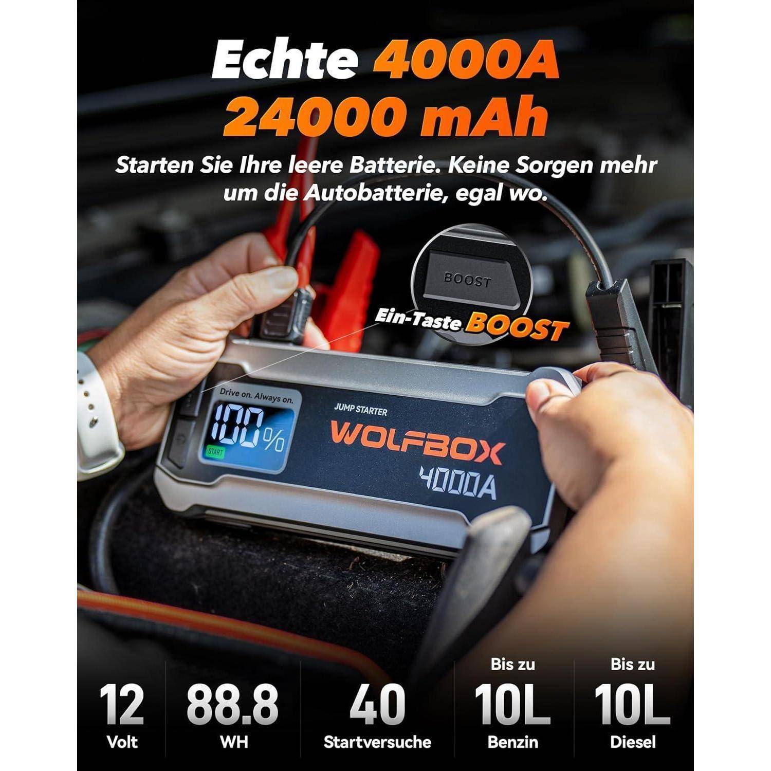 WOLFBOX Starthilfe Powerbank 4000A, 12V Auto Starthilfe (Bis zu 10L Benzin oder 10L Diesel) mit LED-Taschenlampe, großen Bildschirm,Starthilfekabel