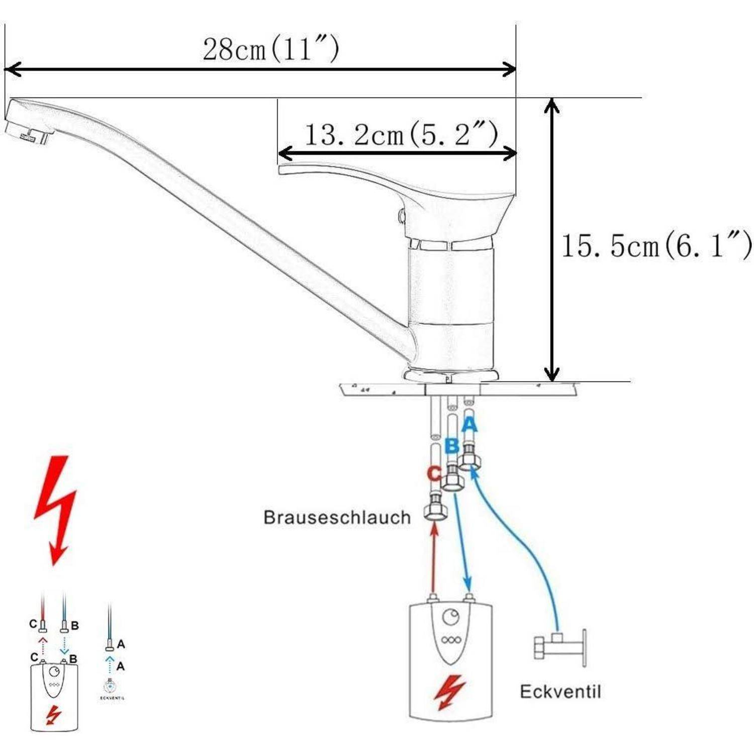 Suguword Niederdruck-Küchenarmatur aus Messing, Einhebelmischer - Hochwertiger Keramikkartusche & Dichtungen für lange Lebensdauer & Tropfschutz Sch