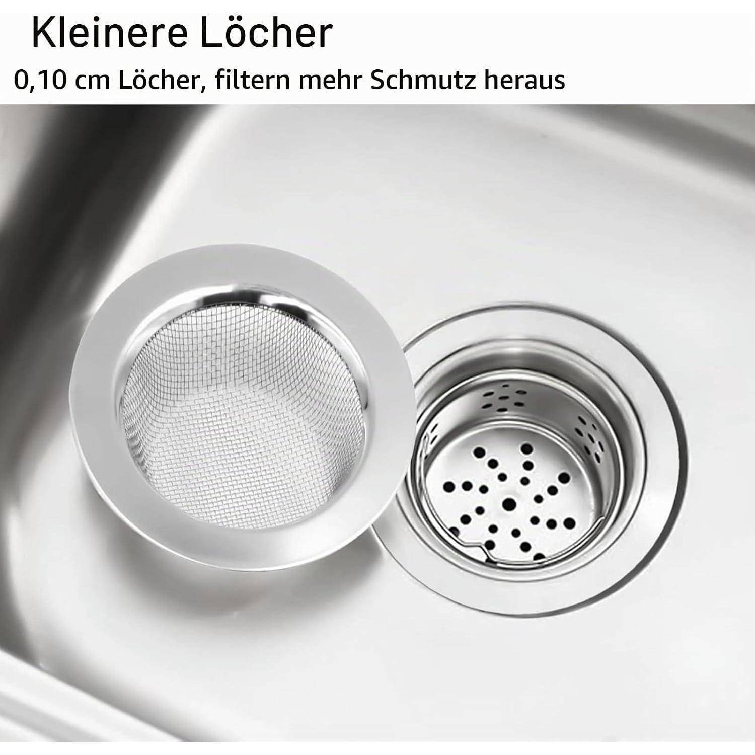 Küchenspülensieb mit feinem Maschensieb-Einsatz neben einem Lochsieb; Text sagt „Kleinere Löcher