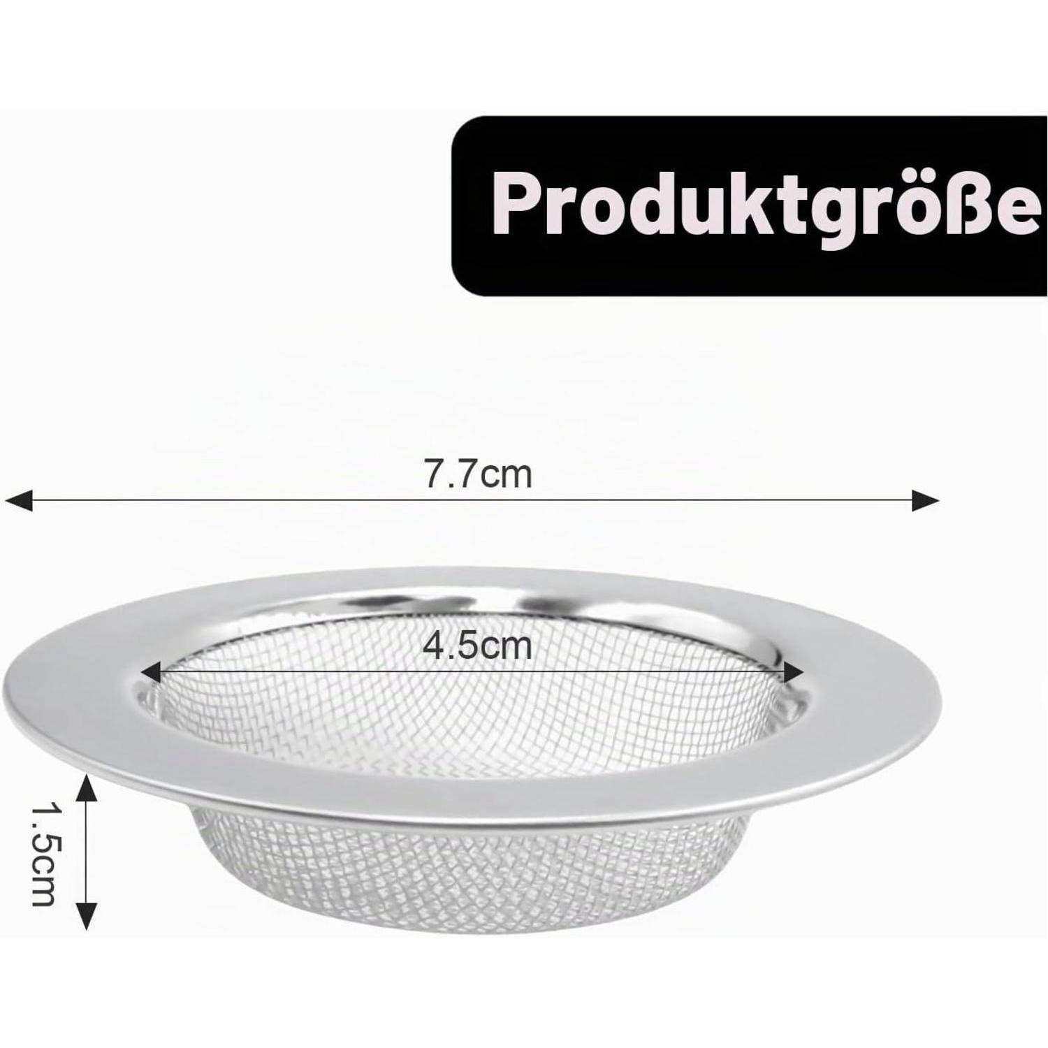 Größendiagramm eines Metallsieb-Einsatzes mit einer Breite von 7,7 cm, einem Innendurchmesser von 4,5 cm und einer Tiefe von 1,5 cm.