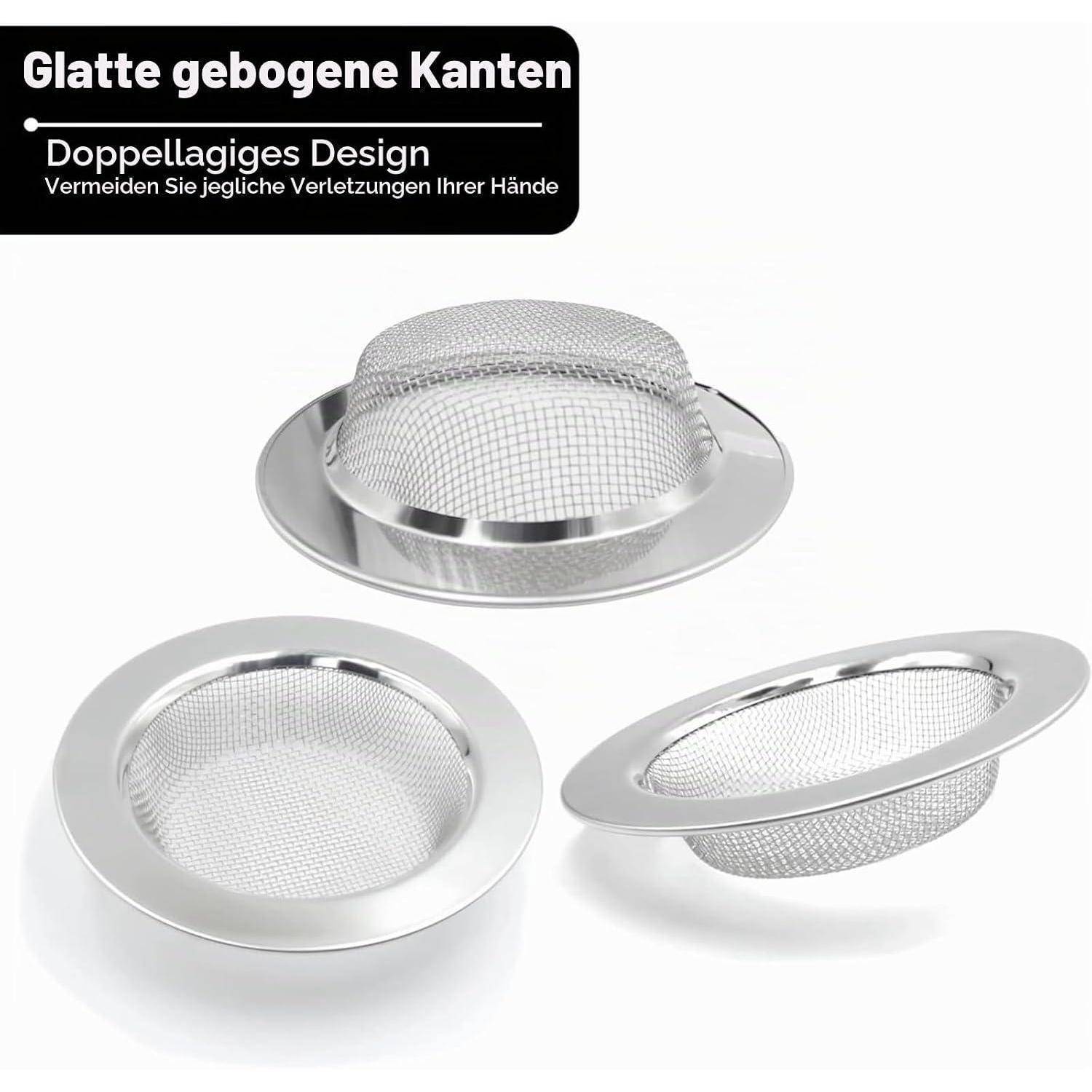 Drei Edelstahl-Spülsiebe mit glatter abgeschrägter Kante, gezeigt in runder, gewölbter und ovaler Form auf weißem Hintergrund.