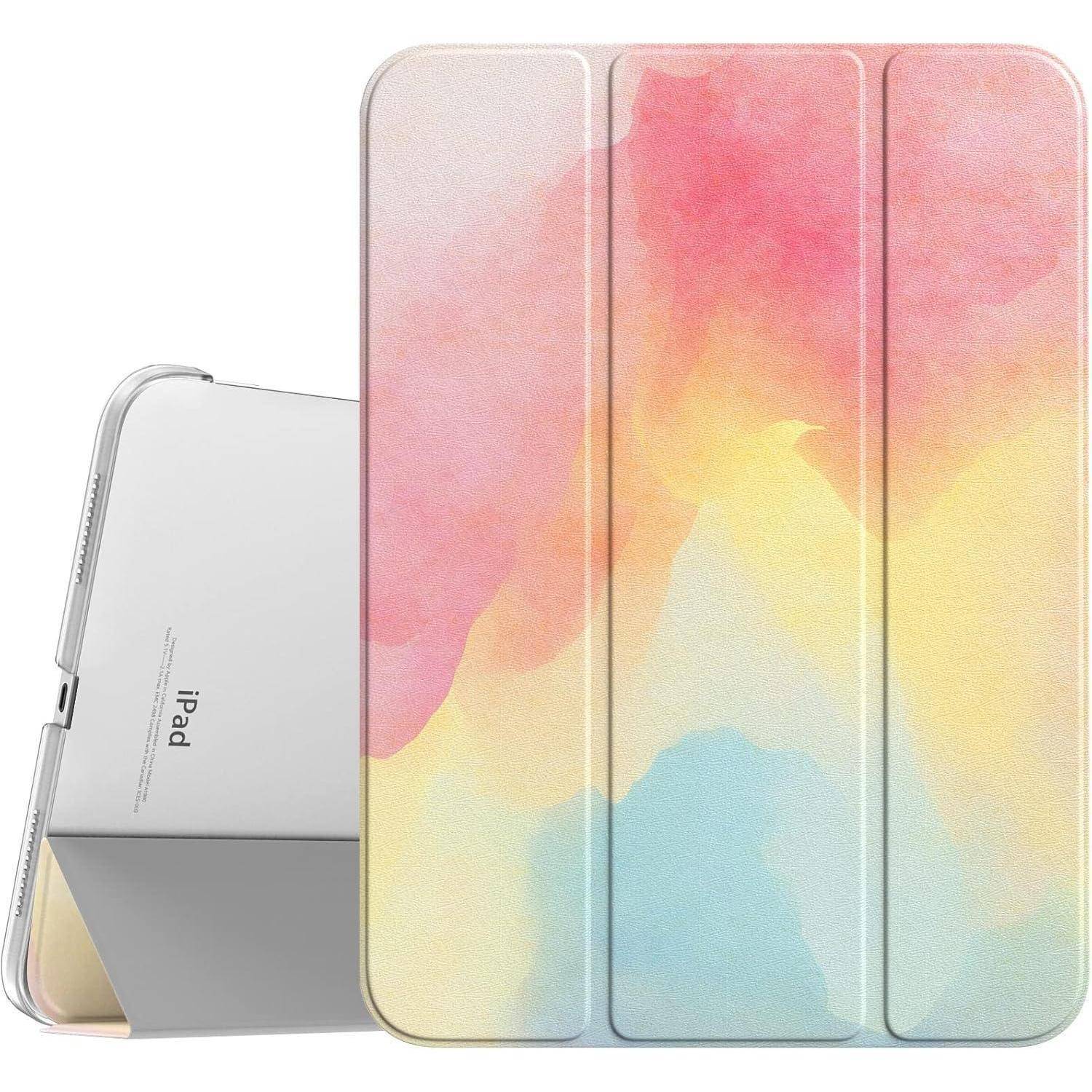 Pastellfarbenes Aquarell-iPad-Etui mit drei Vorderklappenpaneelen und transparenter Rückseite, geöffnet, um das Tablet im Inneren zu zeigen