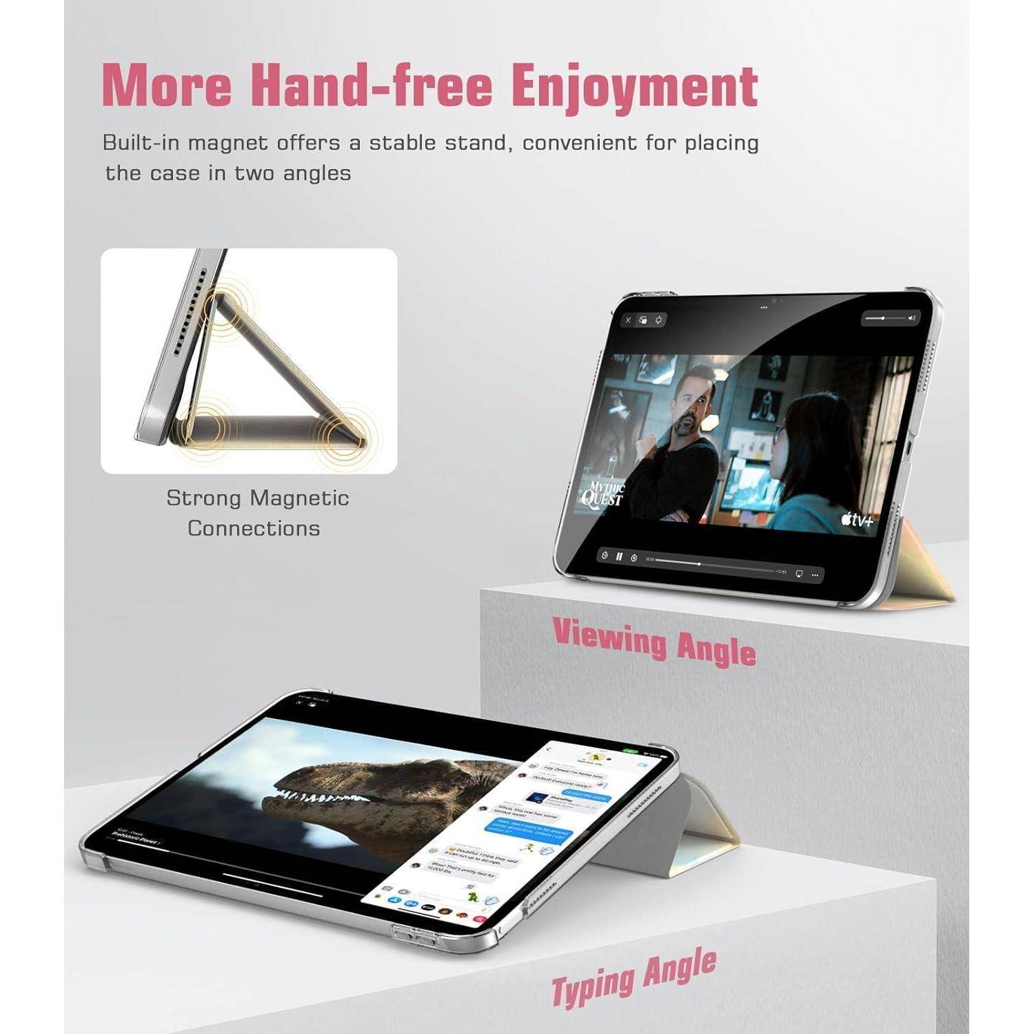 Werbegrafik zeigt eine magnetische Tablet-Schutzhülle, die das Gerät in zwei Winkeln für freihändiges Ansehen und Tippen abstützt.