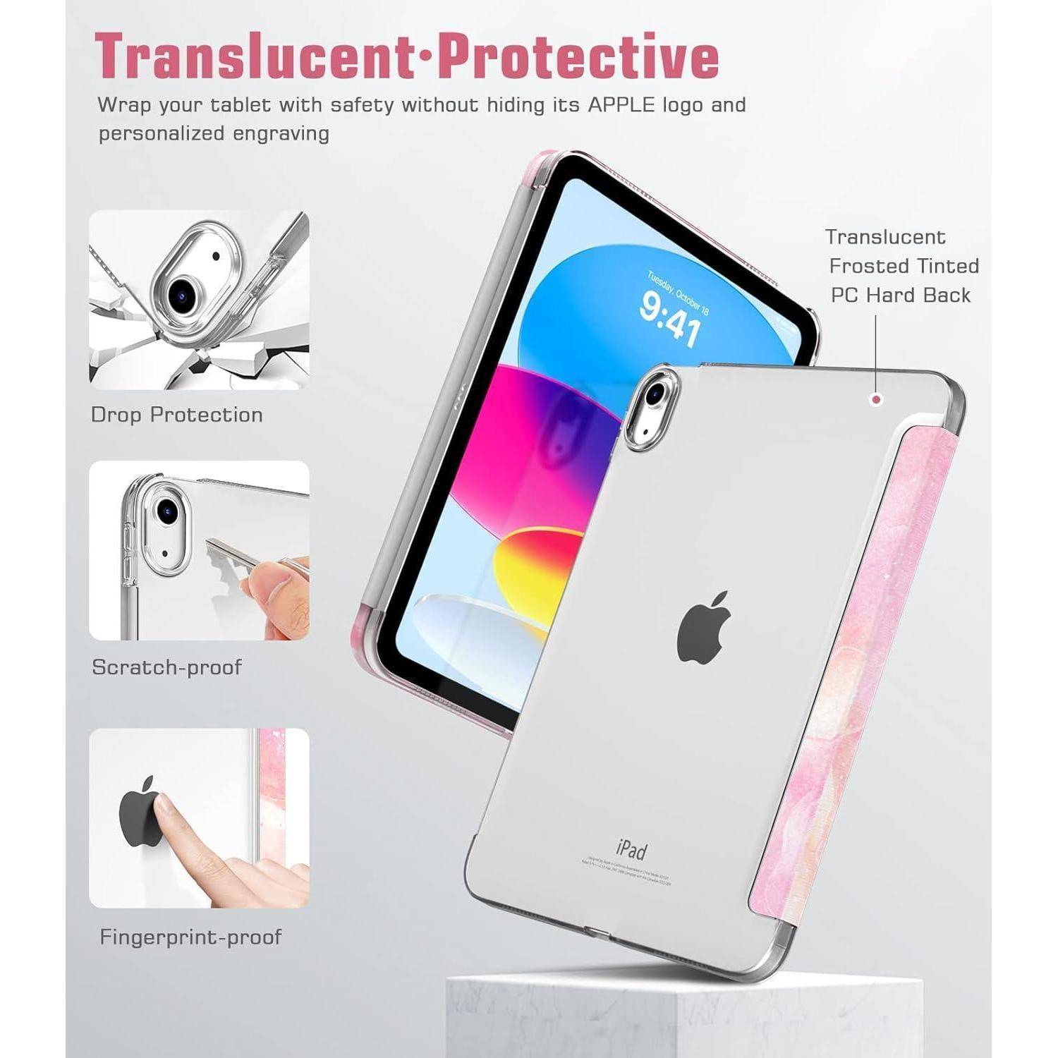 Werbebild einer durchscheinenden iPad-Schutzhülle, das Sturz-, Kratzer- und Fingerabdruckschutz zeigt, während das Apple-Logo und die Gravur sichtbar bleiben.