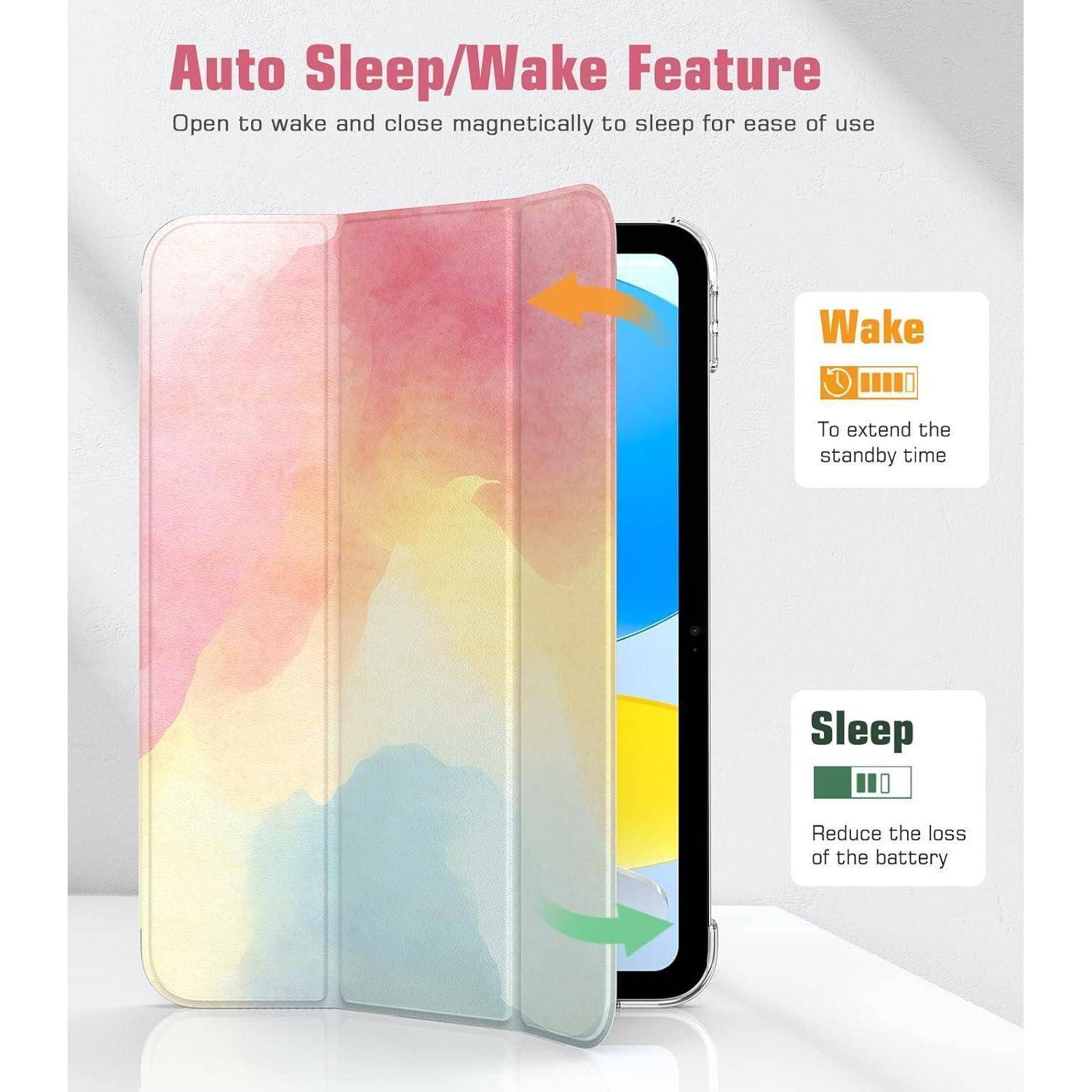 Werbegrafik einer Tablet-Schutzhülle mit der Funktion „Automatisches Schlaf-/Aufwach-Modus"; Durch Öffnen der Abdeckung wird das Gerät aktiviert, durch Schließen wird es in den Schlafmodus versetzt, um Akku zu sparen.