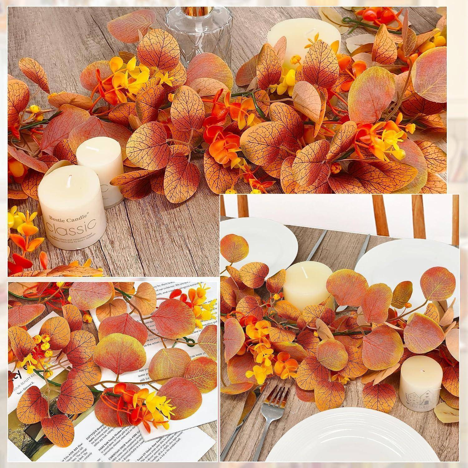 Collage einer herbstlichen Tischgestaltung mit orange-roten Blättern, gelben Blüten, weißen Kerzen und weißen Tellern auf einem Holztisch.