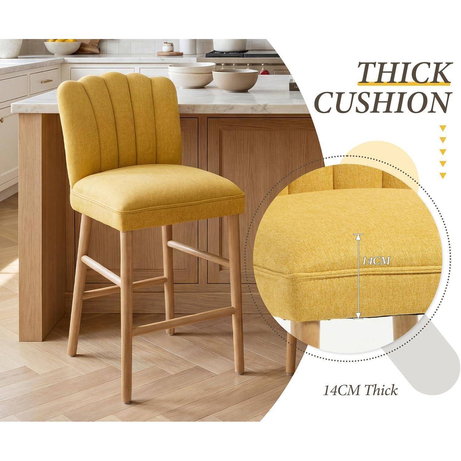 Retro Holz Barhocker 4er Set, Küchenhocker mit Muschelförmige Gesteppte Rückenlehne und Fußstütze, Leinen Gepolsterte Feste Höhe Tresenhocker Ba