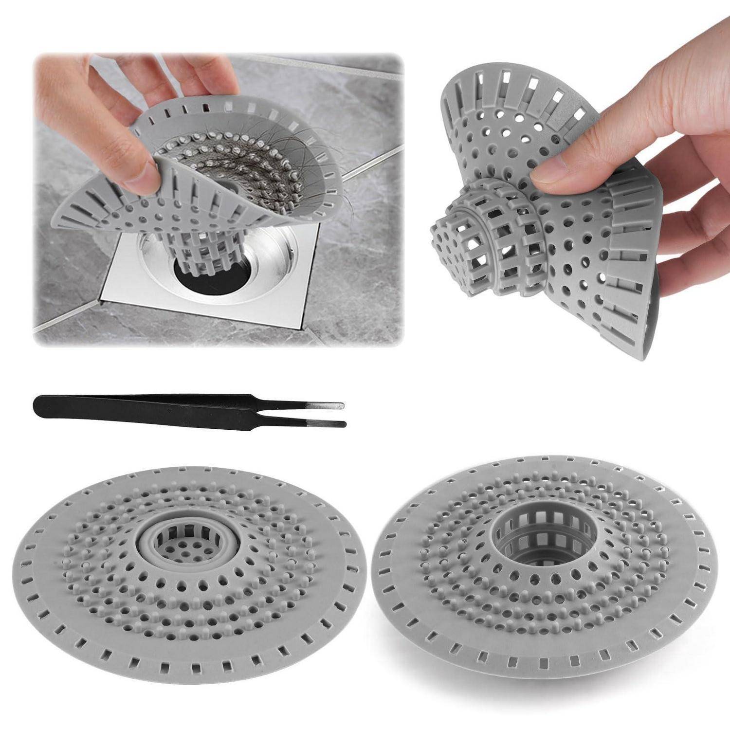 3 Stück 12.5cm Abflusssieb Silikon Haarsieb Dusche mit 1 Reinigungspinzette | Universelles Duschsieb Haarfänger, für Badewanne, Waschbecken und Kü