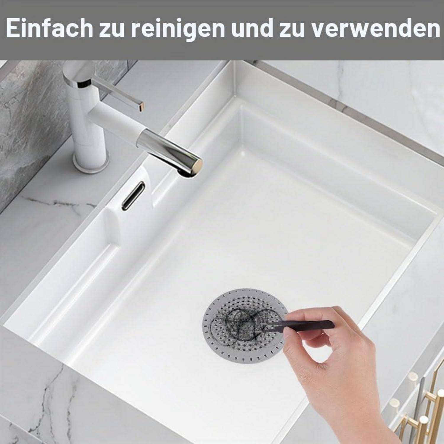 Handwerkzeug zur Reinigung eines weißen quadratischen Spülbeckens mit einer Bürste; der Text besagt „Einfach zu reinigen und zu verwenden