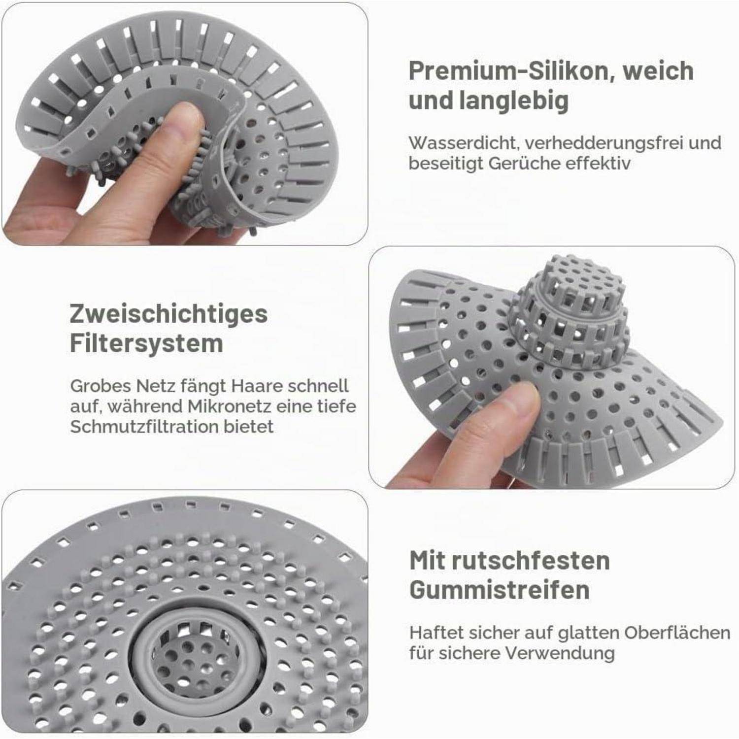 Infografik zeigt ein graues Silikon-Spülbeckensieb mit zweischichtiger Filterung, rutschfesten Gummiringen und Aussagen zur Wasserdichtheit, Geruchsblockierung und Langlebigkeit.