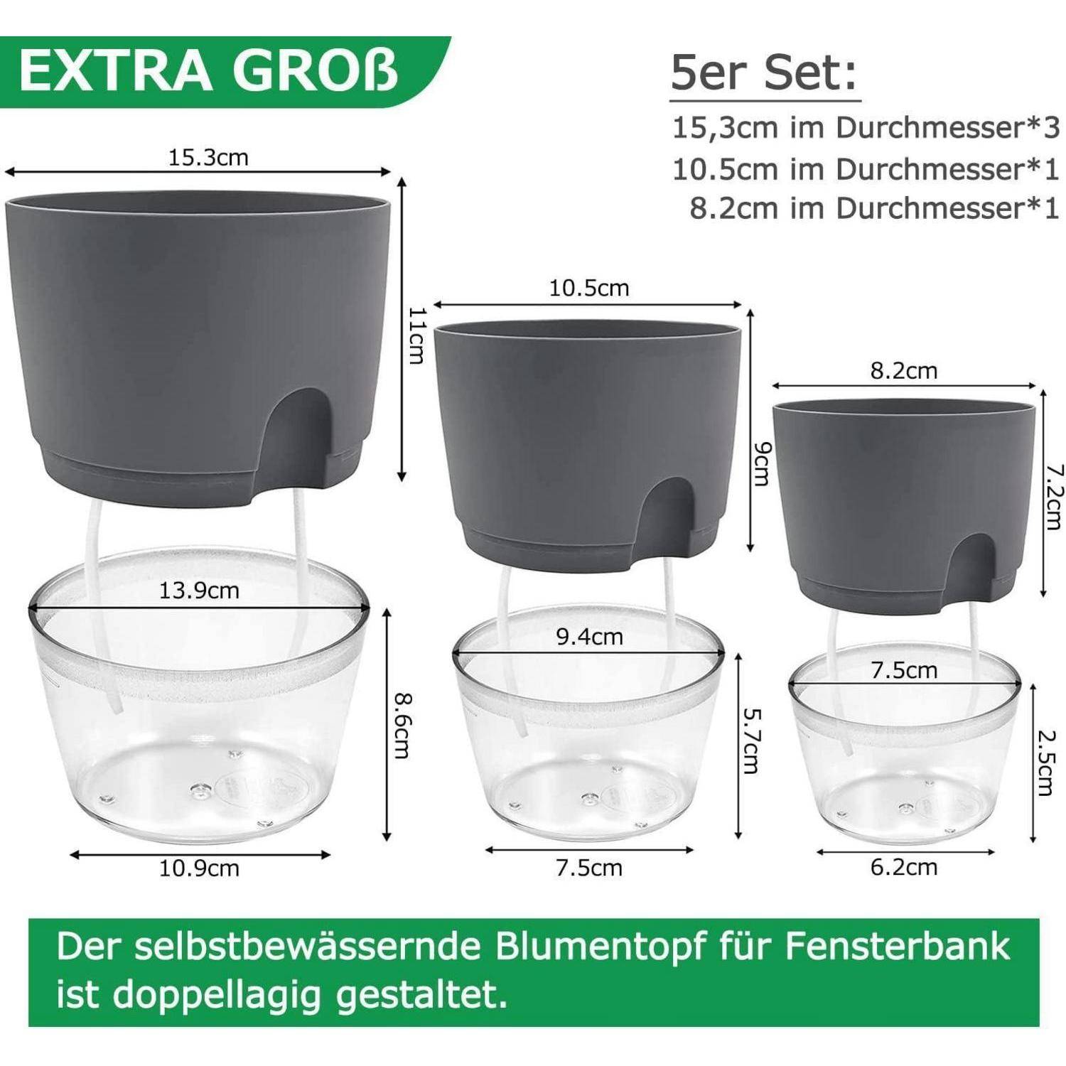 Produktdiagramm eines 5-teiligen selbstbewässernden Blumentopf-Sets mit drei Größen und beschrifteten Abmessungen sowie dem Hinweis "Doppelschicht-Design"" für die Verwendung auf der Fensterbank.