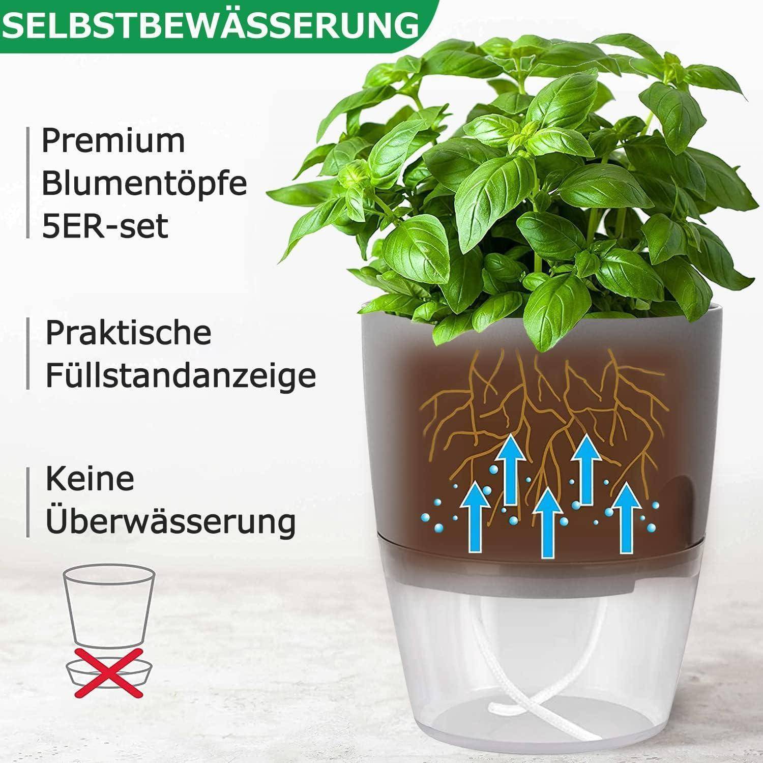 iDattel Blumentopf Mit Bewässerungssystem,Kräutertopf Küche Set Fensterbank selbstbewässernd-5er Set Kräutergarten für die Küche,15.3/10.5/8.2c
