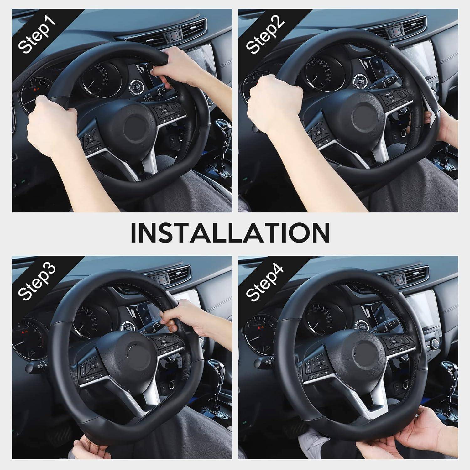 Vierschritt-Installationsdiagramm, das Hände zeigt, die eine Lenkradabdeckung in einem Auto anbringen, mit den Schritten 1 bis 4 bezeichnet, mit "INSTALLATION"" in der Mitte.
