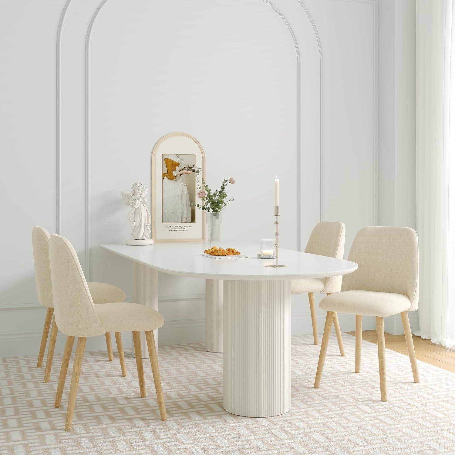 Esszimmerstühle Creme Stühle Esszimmer 2er Set mit Holzbeine Polsterstuhl Wohnzimmerstuhl Küchenstühle aus Polyester für Esszimmer Küche Büro 2
