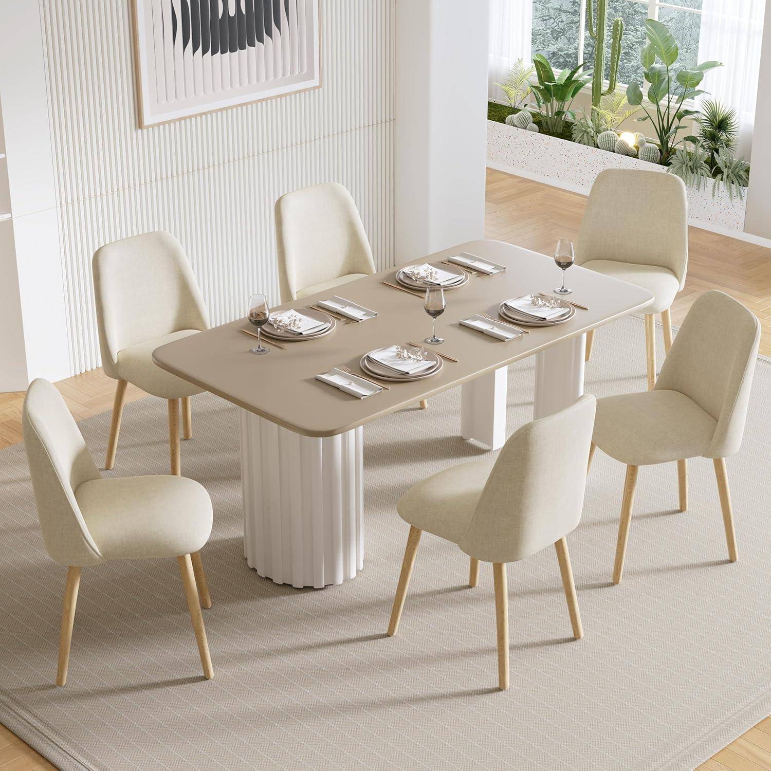 Esszimmerstühle Creme Stühle Esszimmer 2er Set mit Holzbeine Polsterstuhl Wohnzimmerstuhl Küchenstühle aus Polyester für Esszimmer Küche Büro 2