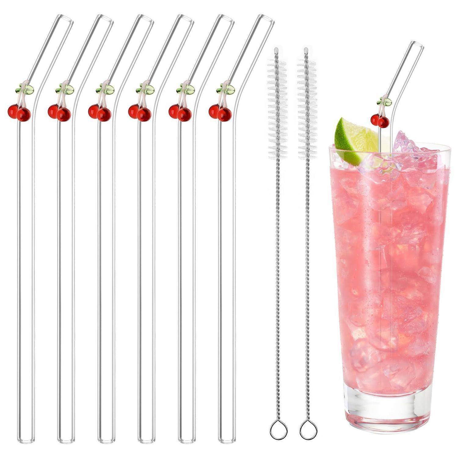 6 Stück Glas Strohhalme mit Reinigungsbürsten, Gebogen Kirsche | Lang Wiederverwendbar für Säfte, Cocktails, Smoothie, Milch und Kaffee