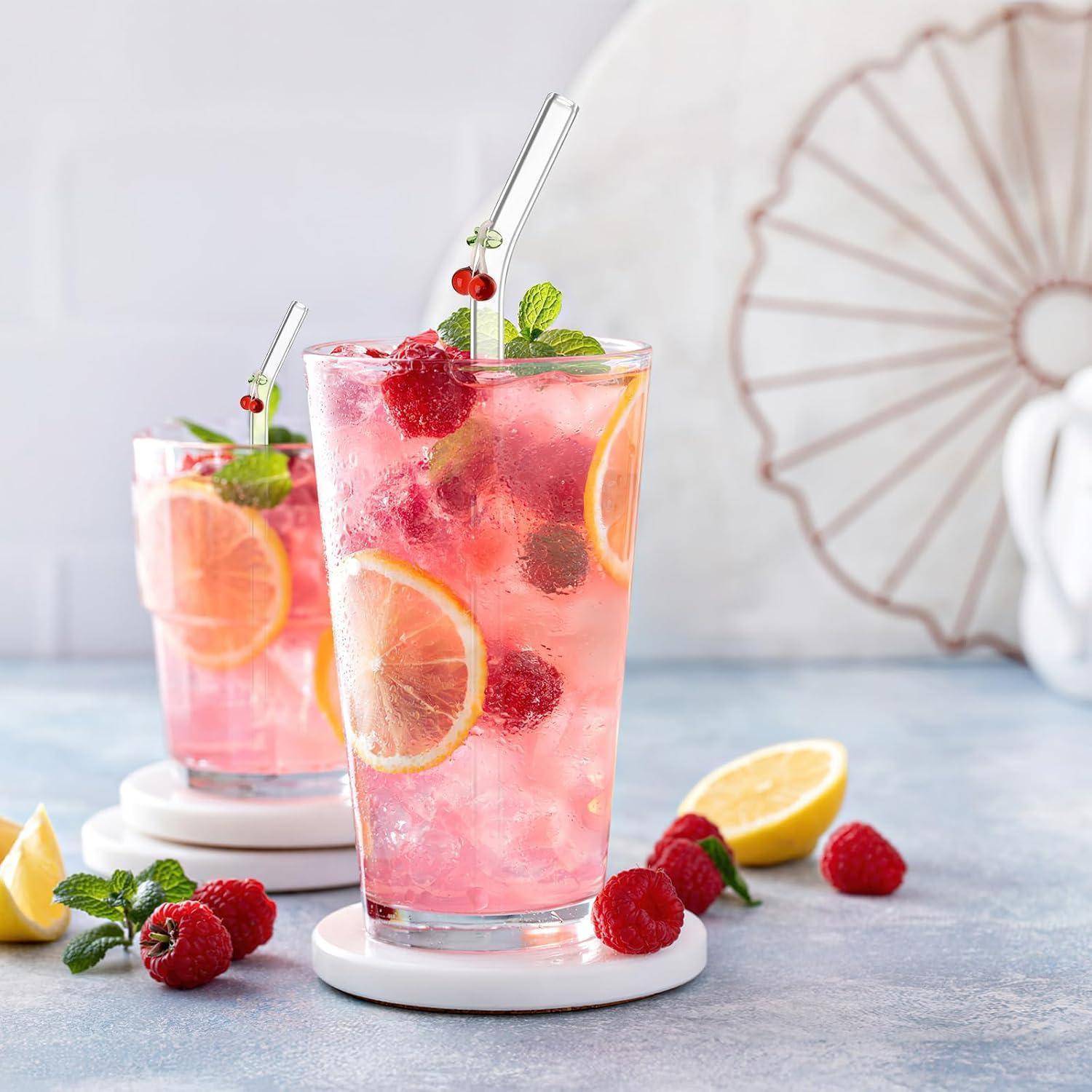 6 Stück Glas Strohhalme mit Reinigungsbürsten, Gebogen Kirsche | Lang Wiederverwendbar für Säfte, Cocktails, Smoothie, Milch und Kaffee