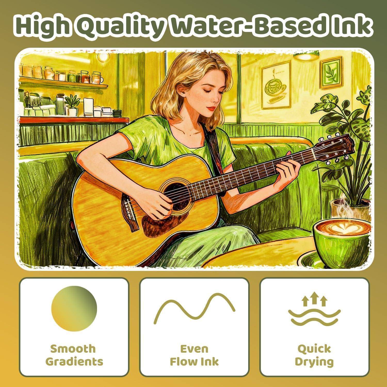 Werbegrafik für „Hochwertige wasserbasierte Tinte" zeigt eine Frau, die in einem Café Akustikgitarre spielt, mit Symbolen, die sanfte Farbverläufe, gleichmäßigen Fluss und schnelles Trocknen hervorheben.