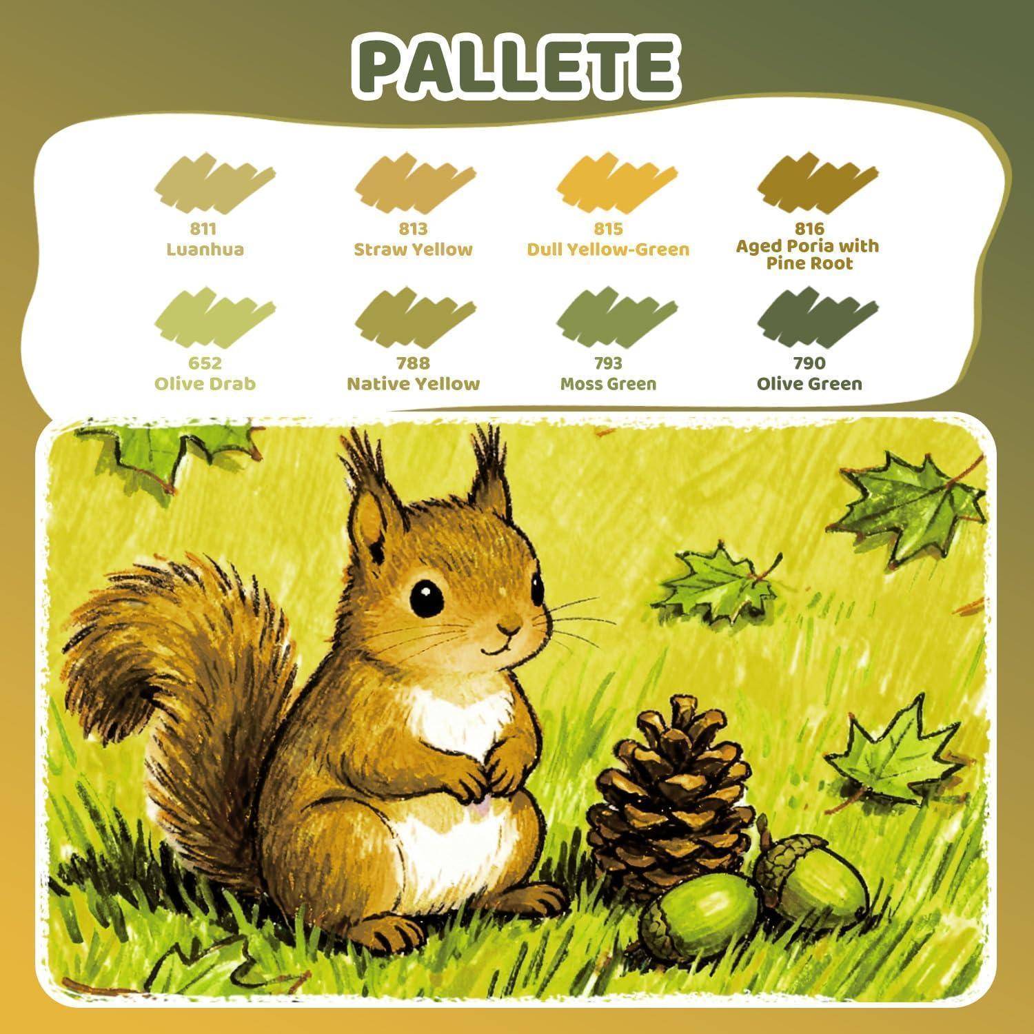 Farbpalette mit der Bezeichnung „PALLETE" mit acht Farbmustern und Namen, darüber eine Illustration eines Eichhörnchens auf Gras neben Tannenzapfen und grünen Blättern.