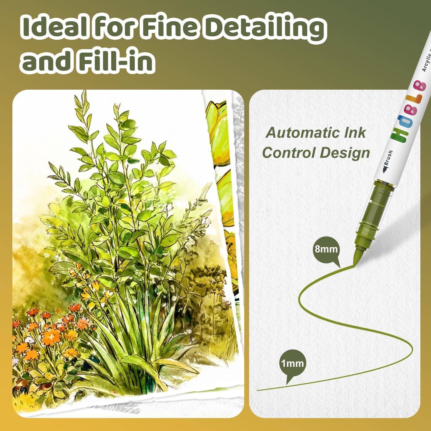 Werbegrafik für einen grünen Tintentstift mit der Aufschrift „Ideal für feine Details und Ausfüllen" und „Automatisches Tintenregelungsdesign"" mit Beispielen für 1-mm- und 8-mm-Linien sowie einer Aquarell-Stil-Pflanzenillustration.