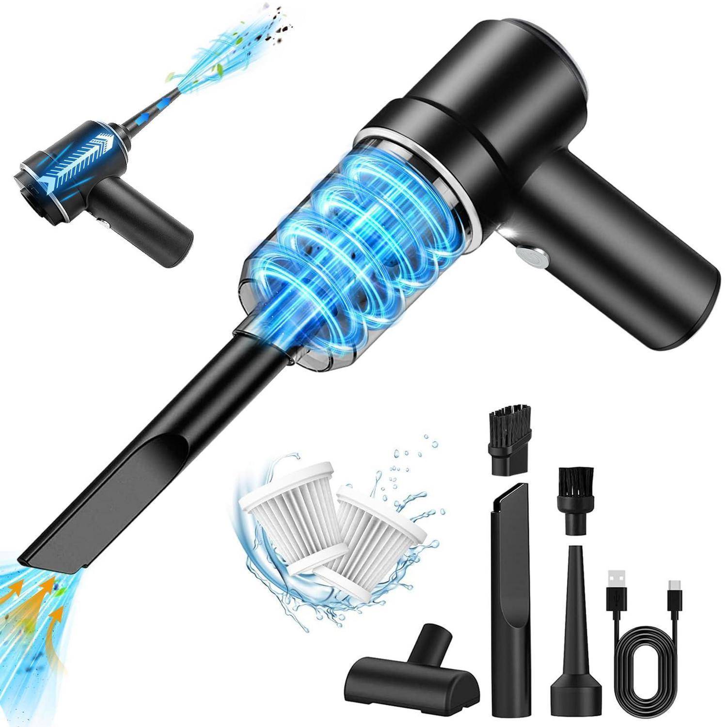 Kabelloses tragbares Handstaubsauger mit spiralförmigem Saugfilter, gezeigt mit Fugendüse und Bürstenaufsätzen, Autodüse und USB-Ladekabel.