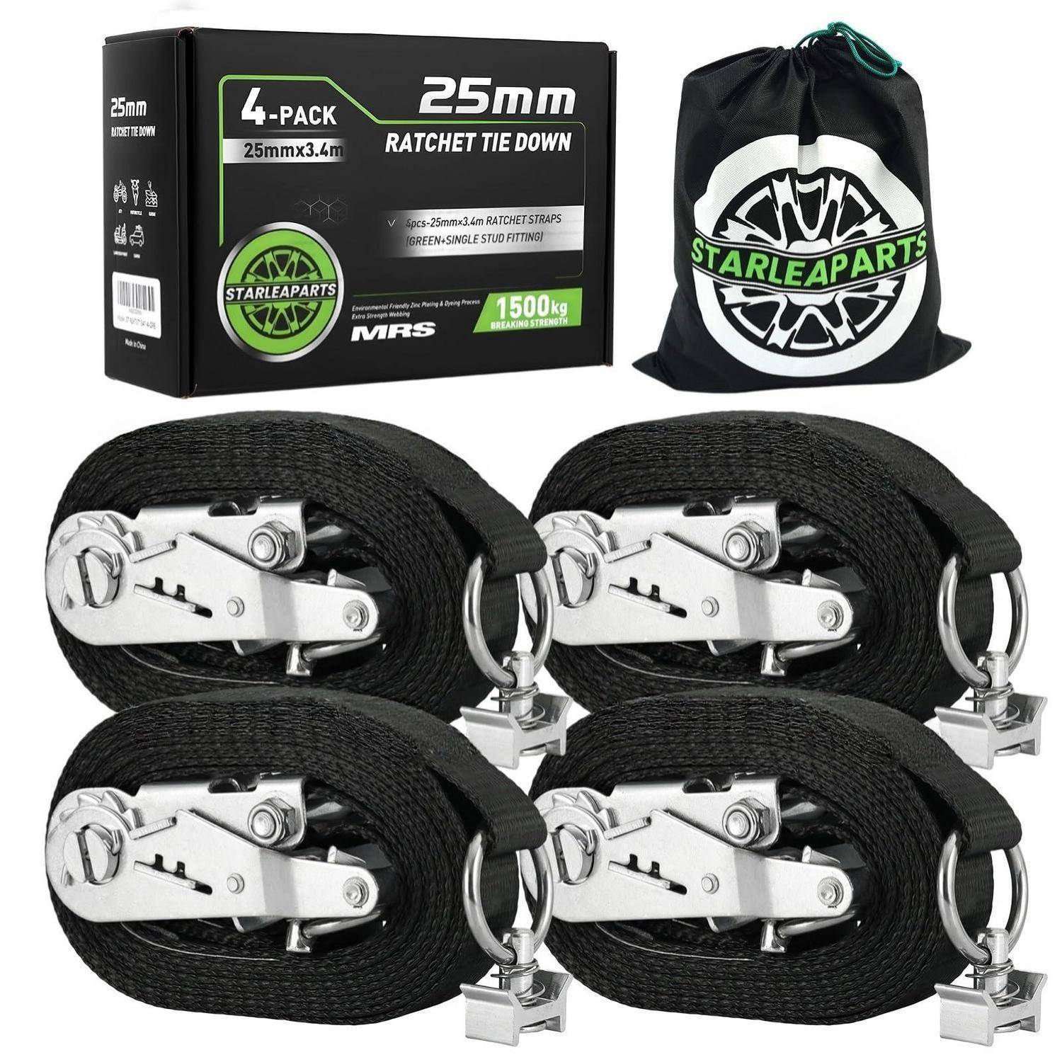Produktbild eines 4er-Sets von 25mm Ratschenverschlussgurten mit schwarzem Gewebe, Metallratschenverschlüssen und einer Tragetasche, Marke Starleaparts, Tragfähigkeit 1500kg.