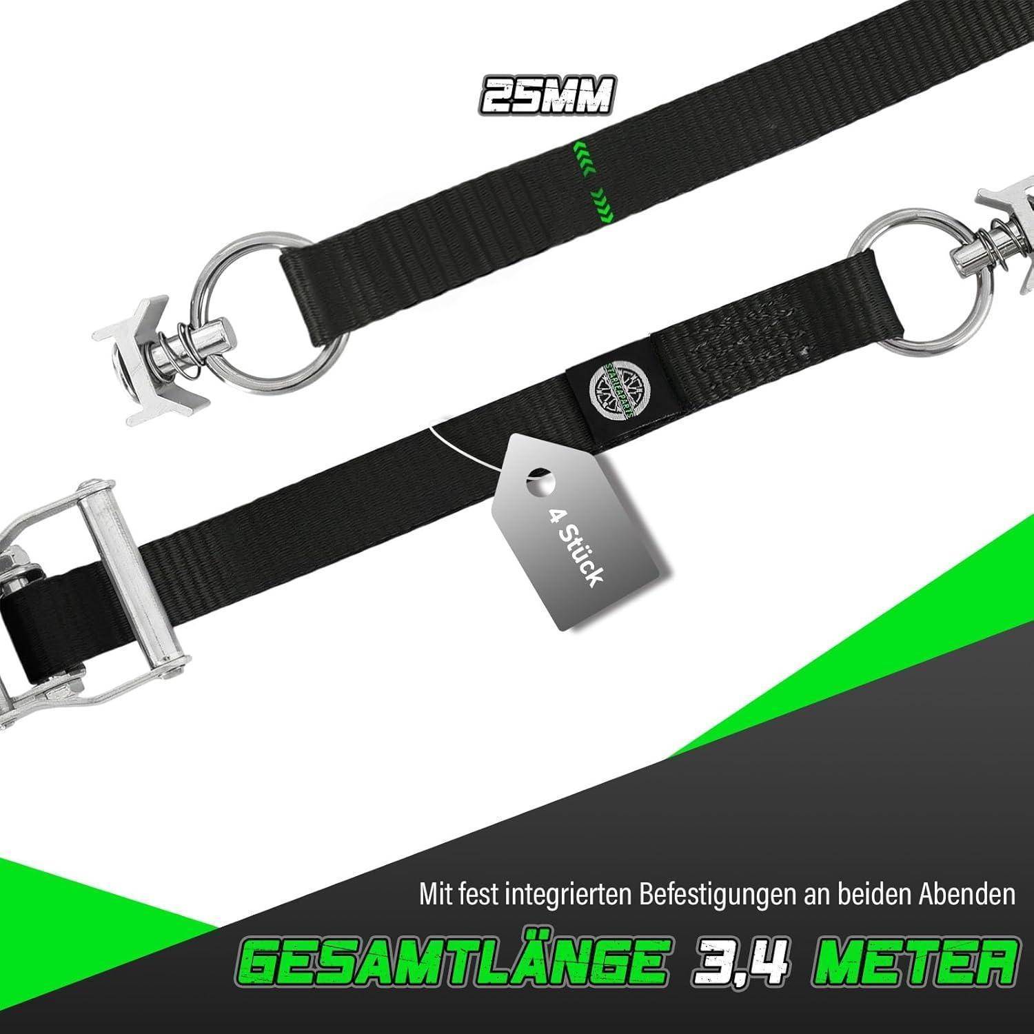Produktbild eines schwarzen 25-mm-Riemens mit Metallhaken und Schnalle; das Etikett zeigt „4 Stick