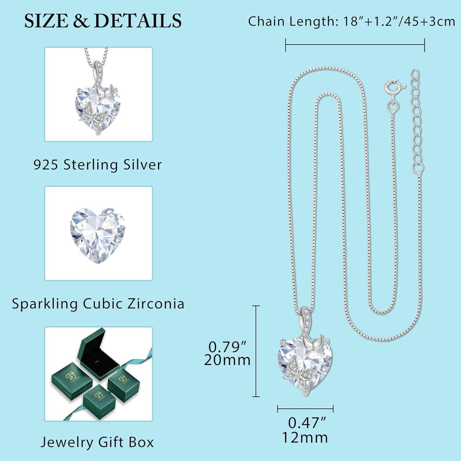 Größen- und Detailgrafik für ein Herz-Anhänger-Halskette: 925er Sterlingsilber mit funkelnden kubischen Zirkonia, Kettenlänge 18+1,2/45+3 cm, Anhänger 0,79 x 0,47 Zoll (20 x 12 mm), inklusive Geschenkbox.