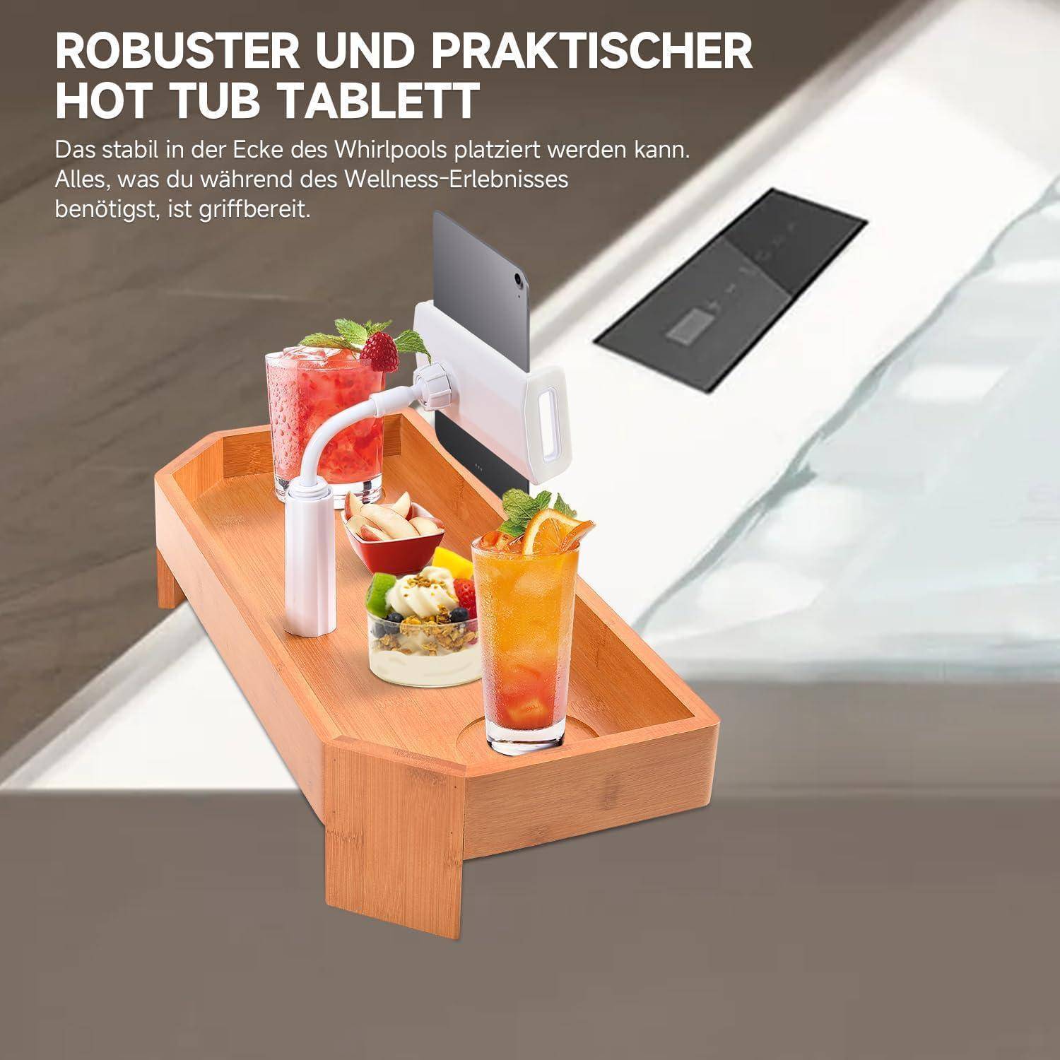 Holz-Whirlpool-Tablett mit ausklappbarem Tablet-Ständer, Getränke- und Snackfächern; der deutsche Text besagt, dass es robust, praktisch ist und alles in der Reichweite im Whirlpool hält.