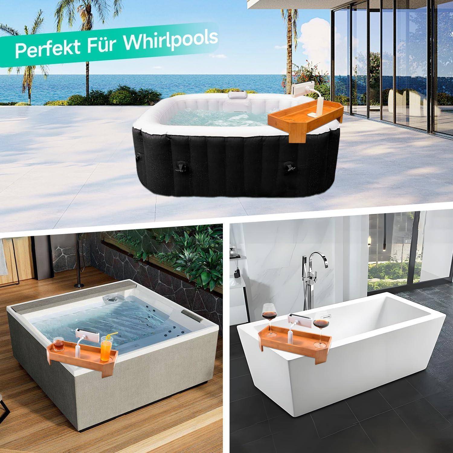 Collage aus drei rechteckigen Whirlpools und Badewannen mit hölzernen Tablett-Zubehör, gekennzeichnet mit „Perfekt Für Whirlpools