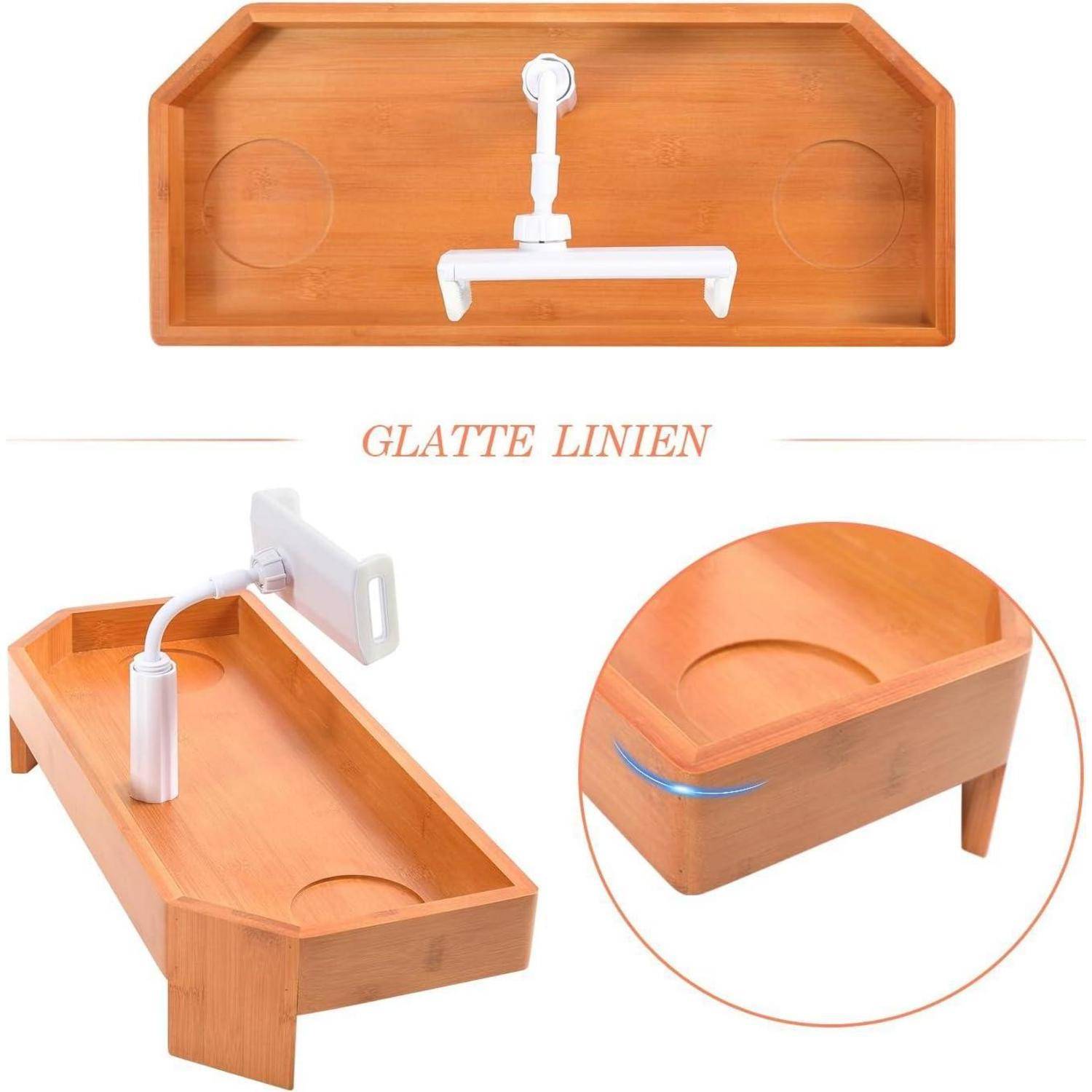 Holz-Schoßschreibtisch mit weißem verstellbarem Tablet-Halter und rundem Becherausschnitt, von mehreren Blickwinkeln aus gezeigt mit dem Etikett „GLATTE LINIEN