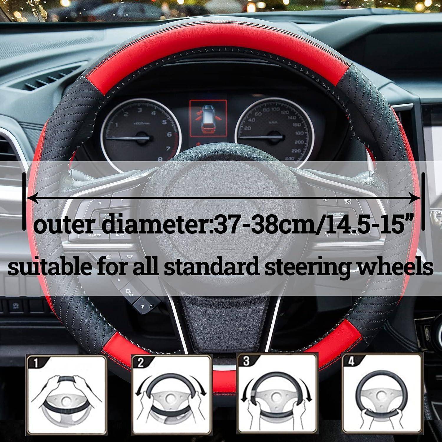 Lenkradschoner in Schwarz und Rot, mit der Kennzeichnung „Außendurchmesser: 37-38cm/14,5-15" und „geeignet für alle Standard-Lenkräder"", mit den folgenden Installationsschritten dargestellt.