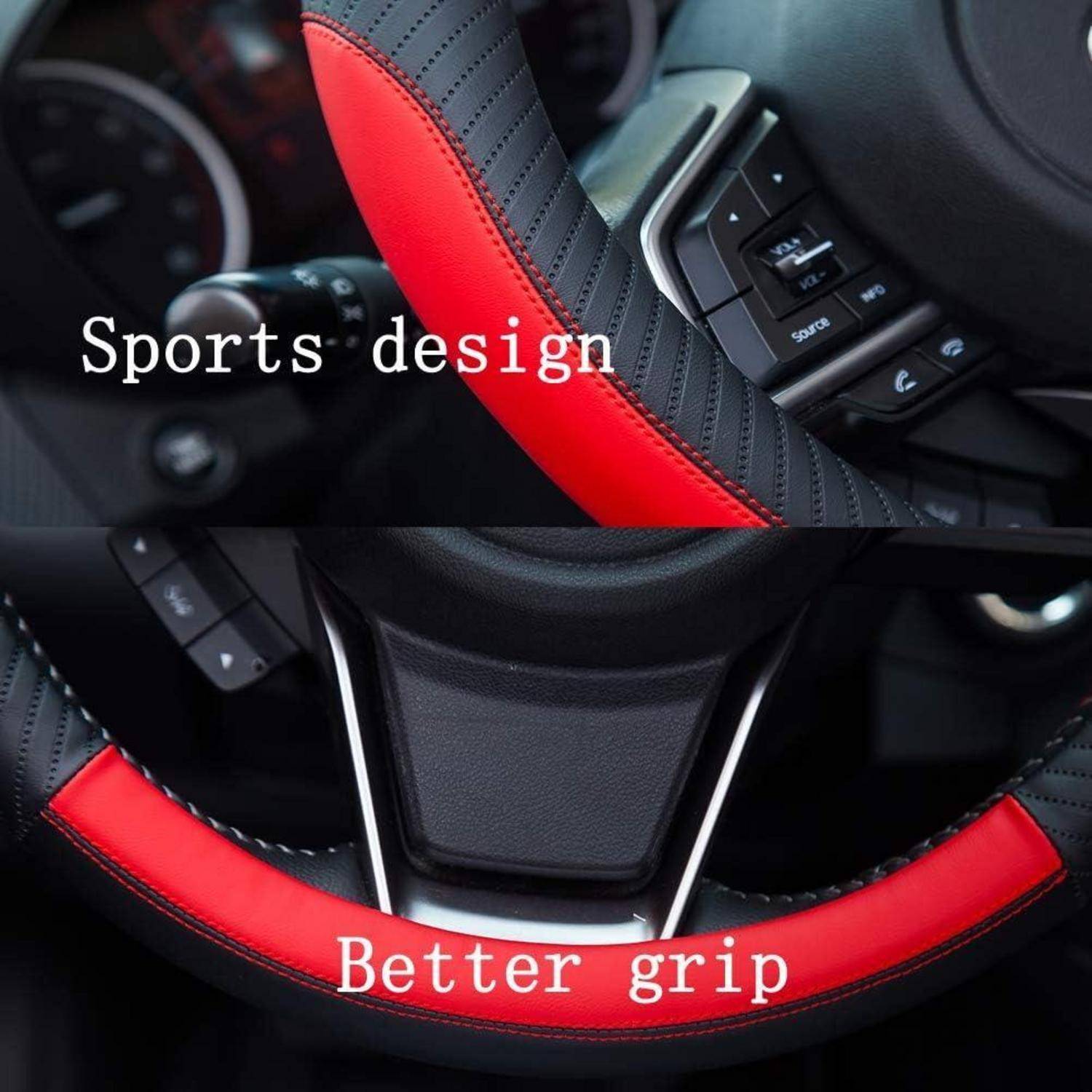 Nahaufnahme eines schwarzen und roten Sportlenkrads mit strukturierten Griffflächen, beschriftet mit „Sportdesign" und „Besserer Griff"".